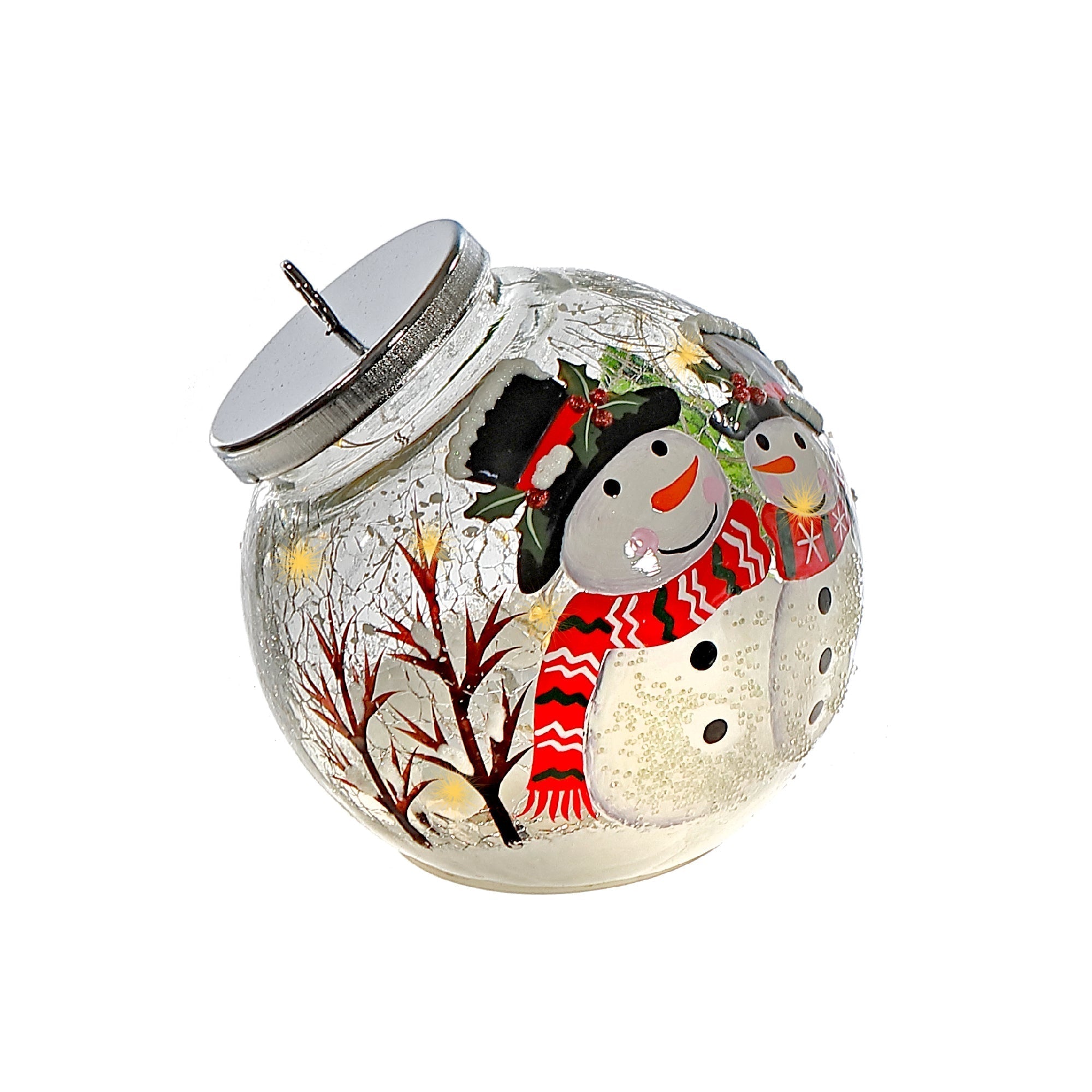 LED Crackled Glass Ornament Decor Double Snowman – Christmas Tree Ornament, Holiday Decoration, Festive Winter Decor