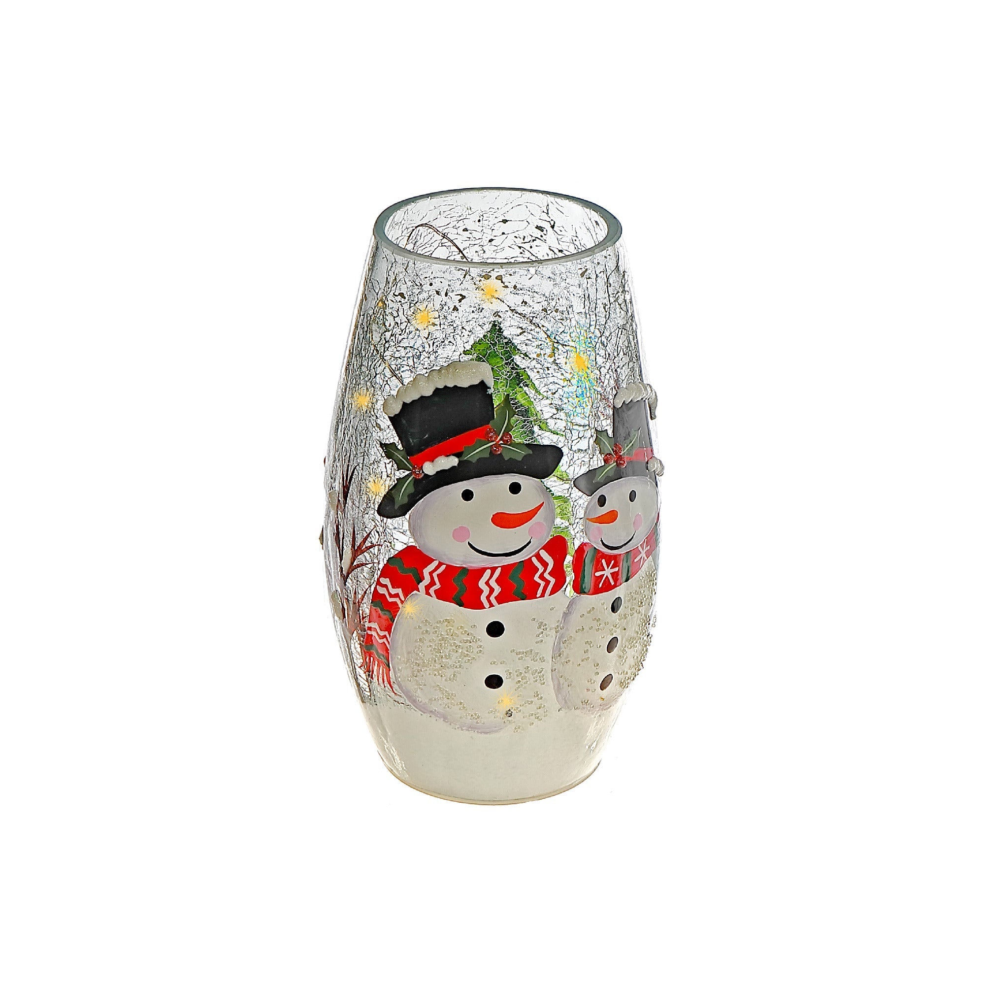 LED Crackled Oblong Glass Decor Double Snowman – Christmas Tabletop Decoration, Holiday Accent, Illuminated Festive Decor