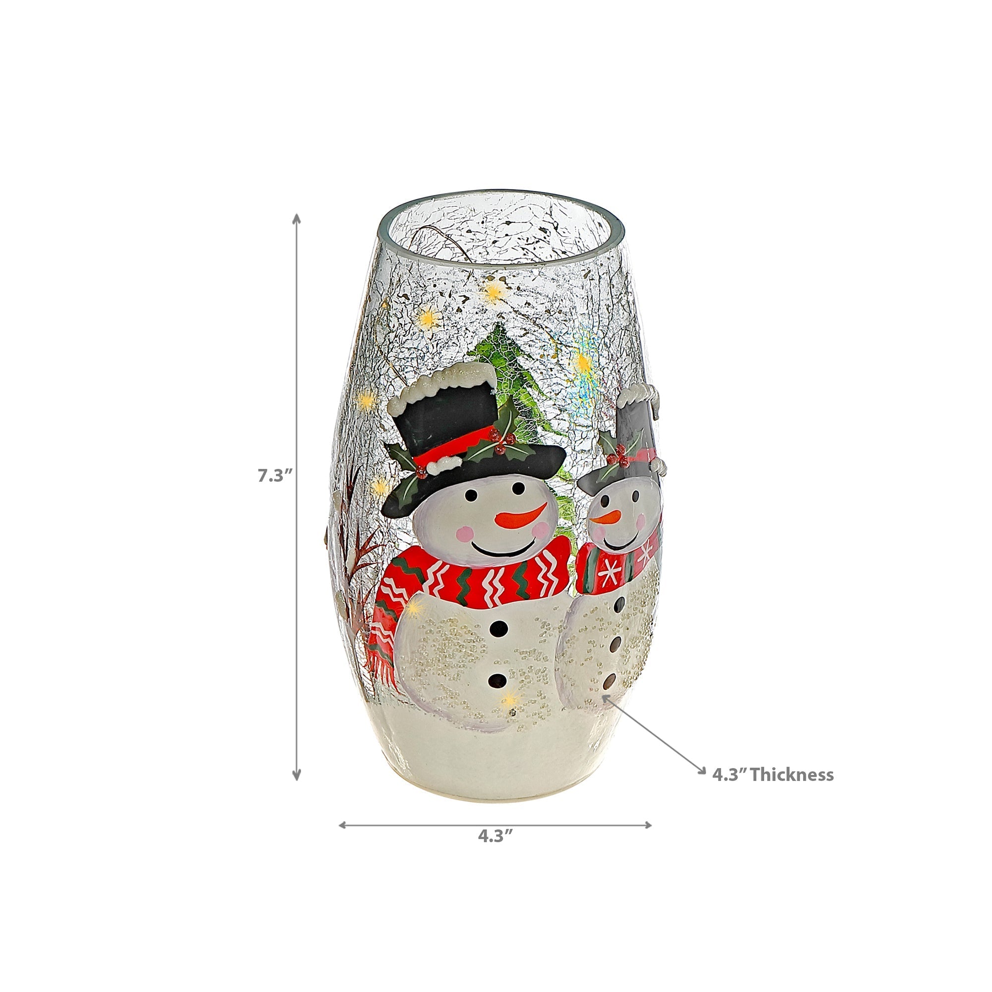 LED Crackled Oblong Glass Decor Double Snowman – Christmas Tabletop Decoration, Holiday Accent, Illuminated Festive Decor