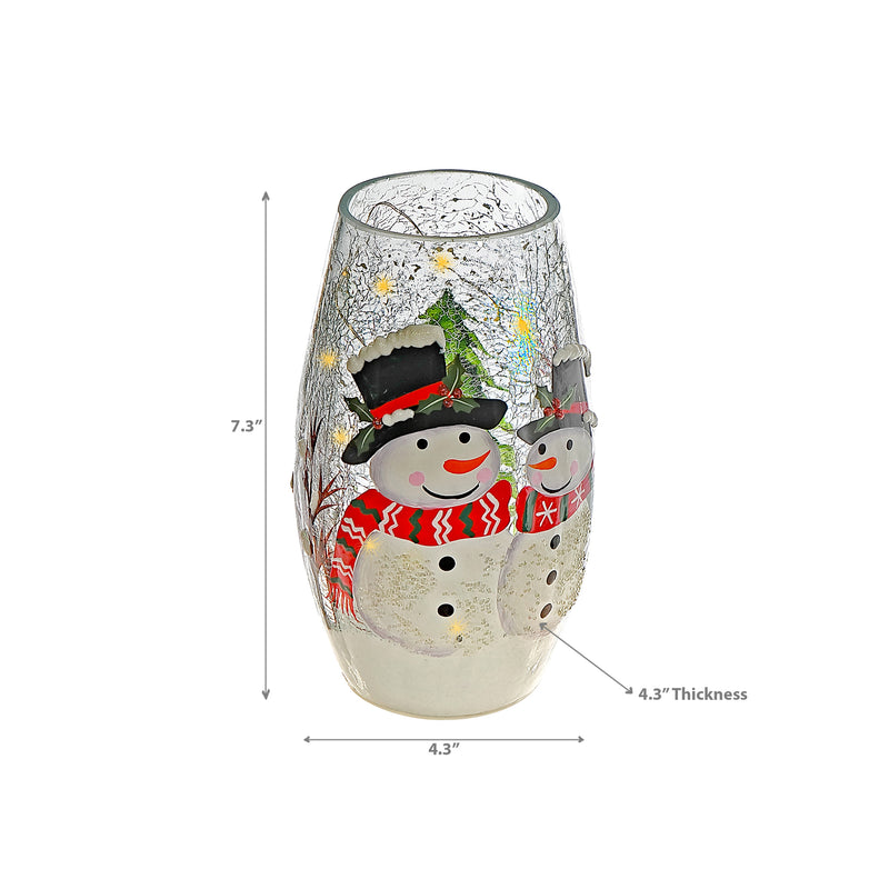 Led Crackled Oblong Glass Decor (Double Snowman)
