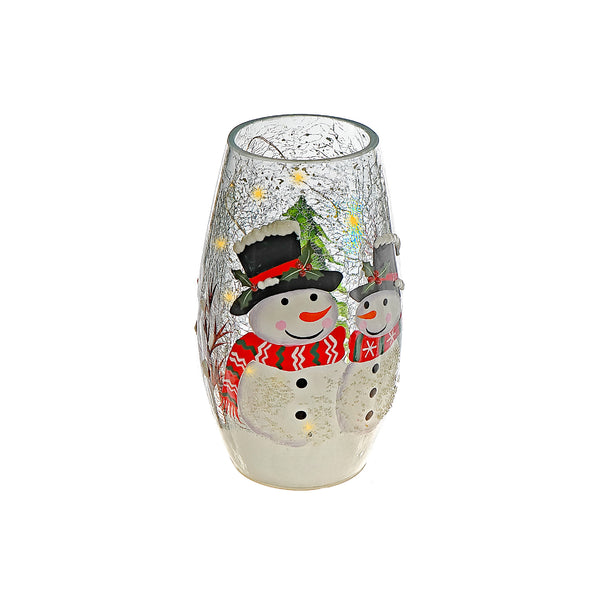 Led Crackled Oblong Glass Decor (Double Snowman)