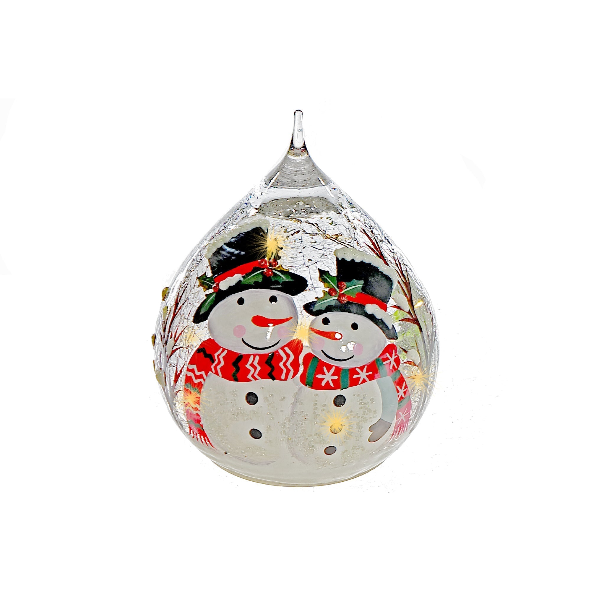 LED Crackled Glass Teardrop Decor Double Snowman – Christmas Tabletop Decoration, Holiday Accent, Illuminated Festive Decor