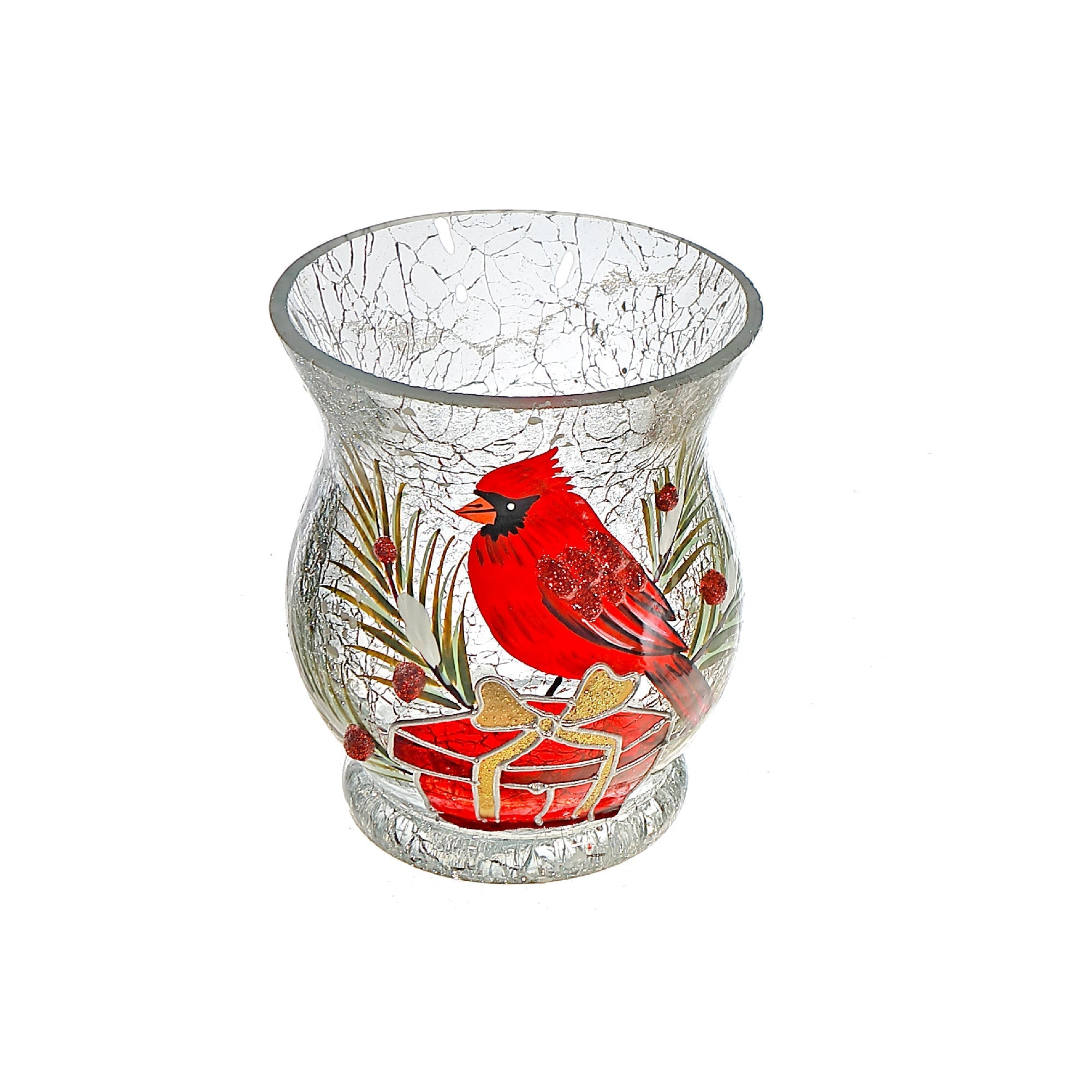 Crackled Glass Candle Holder with Cardinal on Giftbox Design, Christmas Decor, Holiday Candle Accent