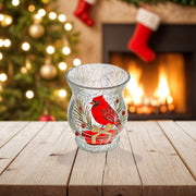Crackled Glass Candle Holder with Cardinal on Giftbox Design, Christmas Decor, Holiday Candle Accent