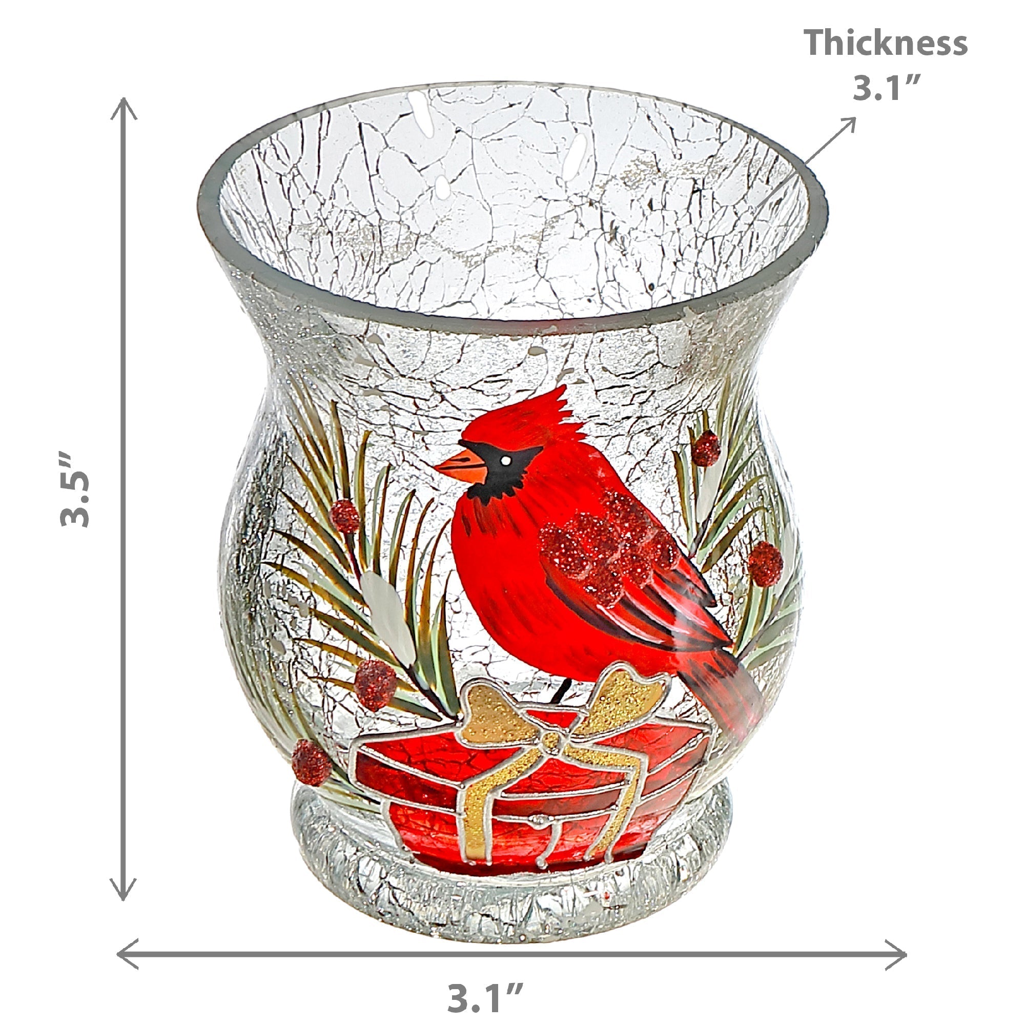 Crackled Glass Candle Holder with Cardinal on Giftbox Design, Christmas Decor, Holiday Candle Accent