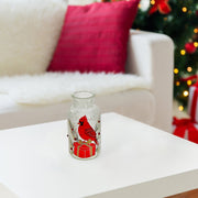 Frosted Glass Mason Jar Cardinal on Giftbox – Christmas Tabletop Decoration, Holiday Accent, Festive Winter Decor