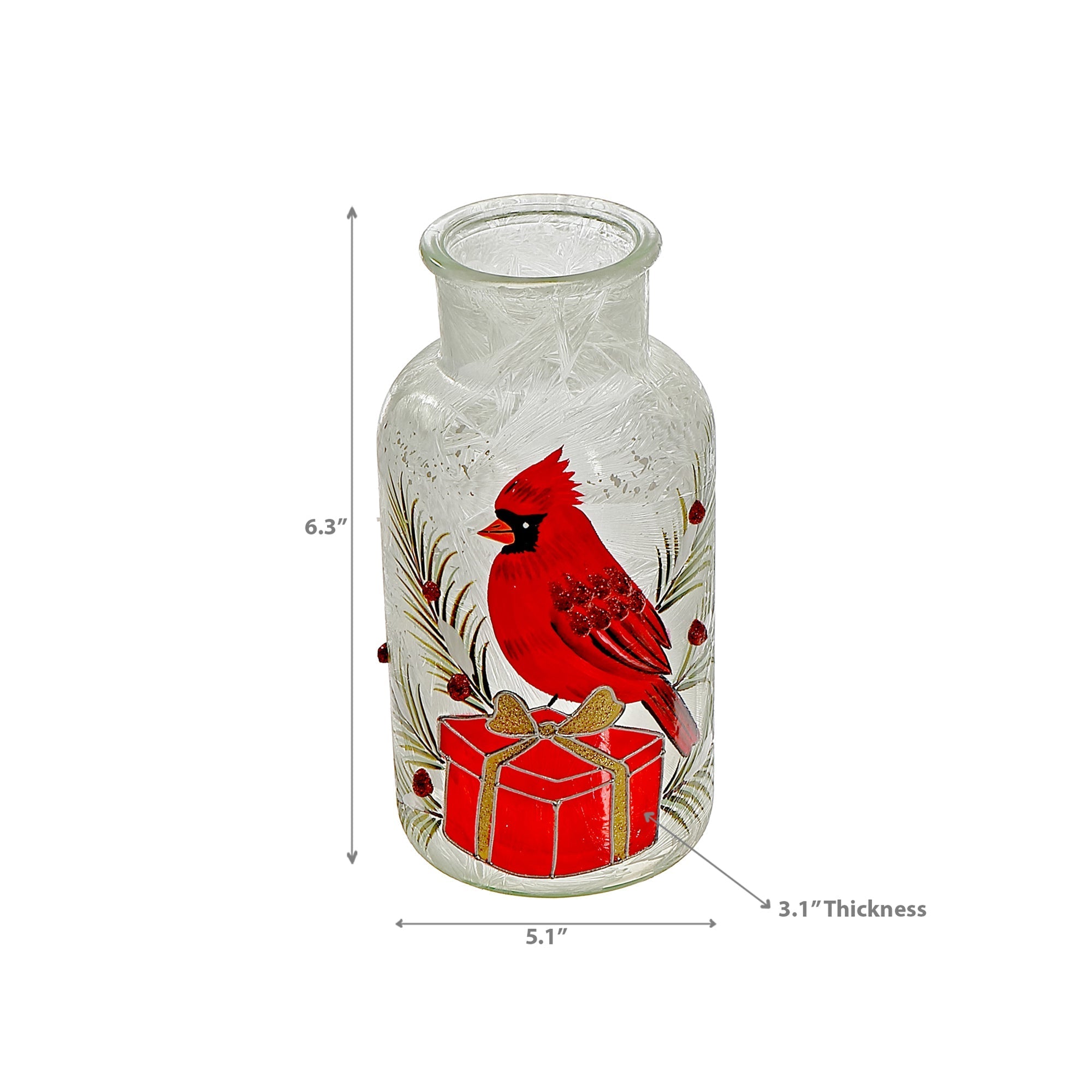 Frosted Glass Mason Jar Cardinal on Giftbox – Christmas Tabletop Decoration, Holiday Accent, Festive Winter Decor