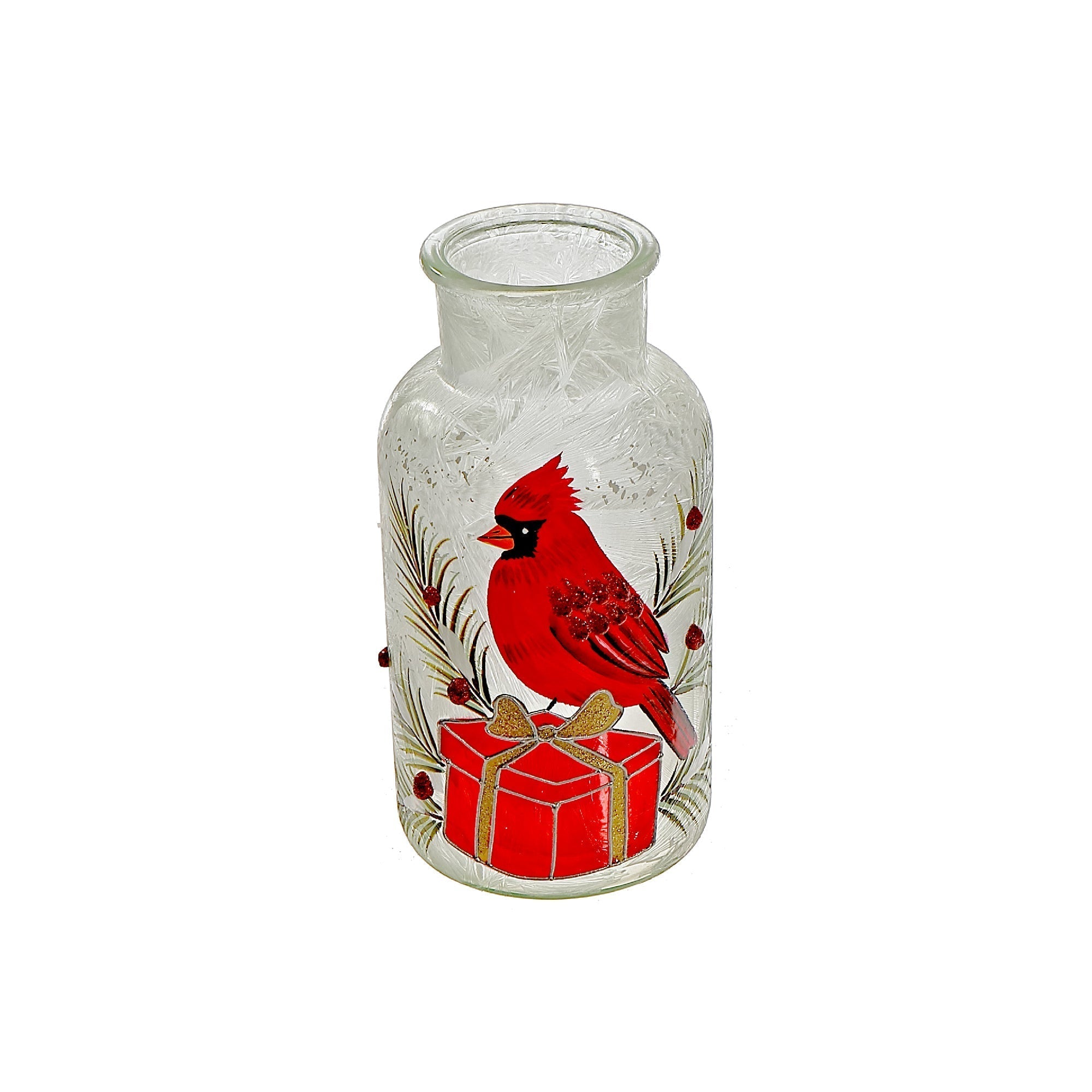 Frosted Glass Mason Jar Cardinal on Giftbox – Christmas Tabletop Decoration, Holiday Accent, Festive Winter Decor