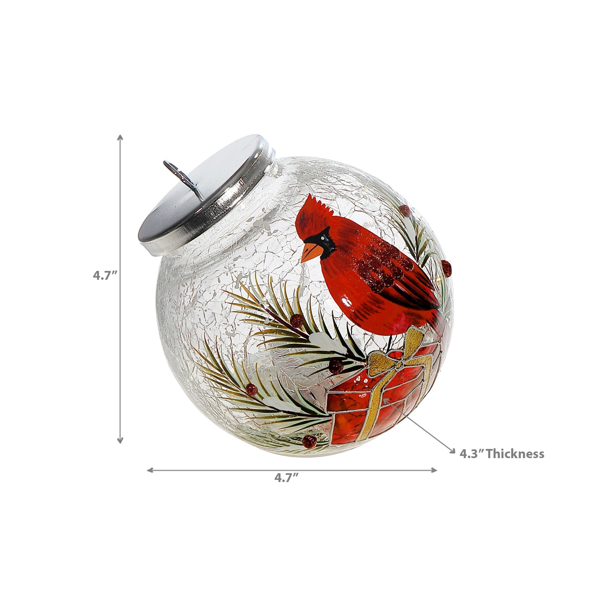 LED Crackled Glass Ornament Decor Cardinal on Giftbox – Christmas Tree Ornament, Holiday Decor, Festive Winter Decoration