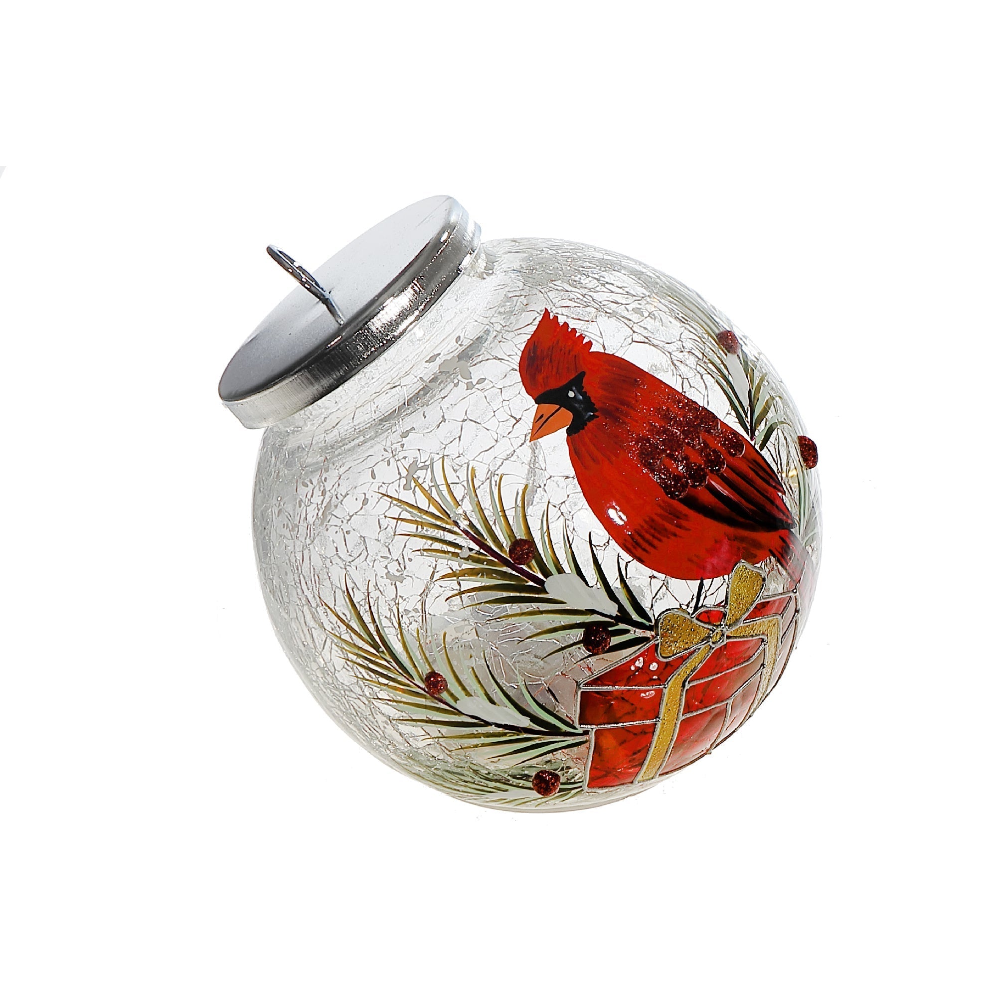LED Crackled Glass Ornament Decor Cardinal on Giftbox – Christmas Tree Ornament, Holiday Decor, Festive Winter Decoration