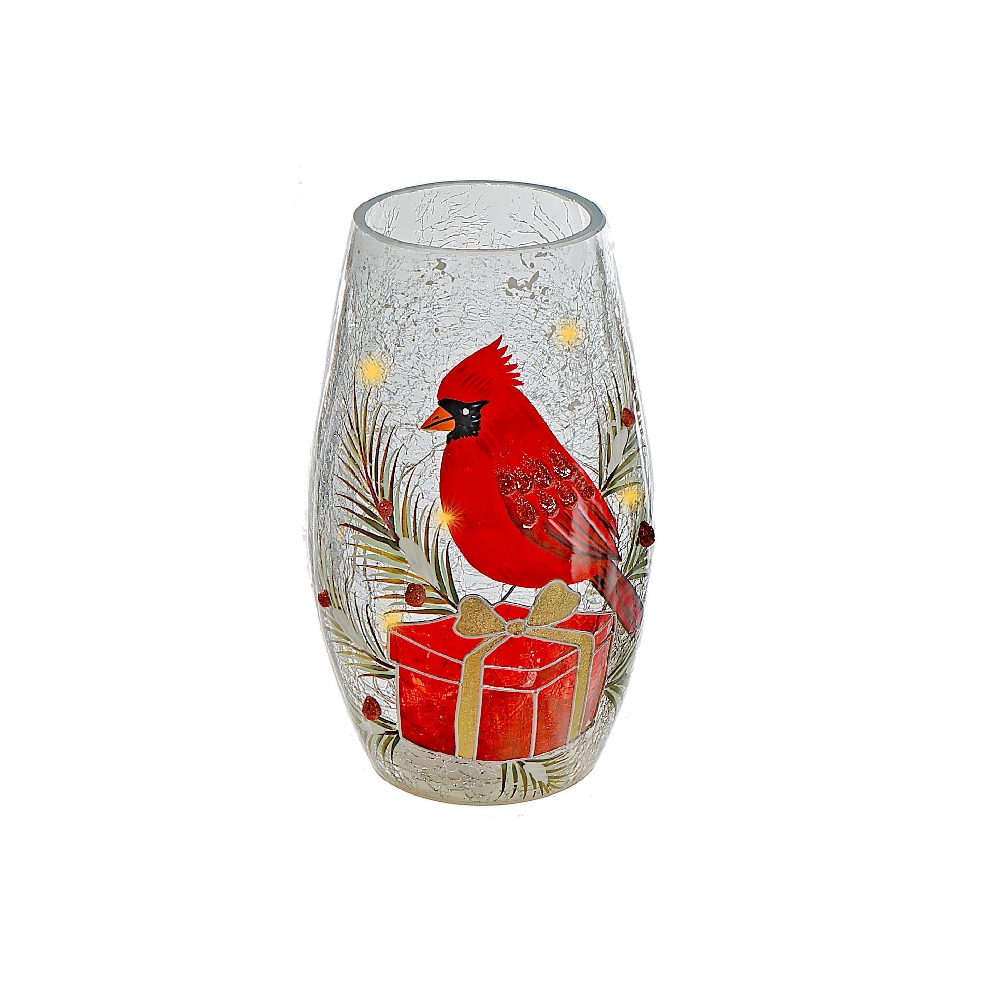 LED Crackled Oblong Glass Decor Cardinal on Giftbox – Christmas Tabletop Decoration, Holiday Accent, Illuminated Festive Decor