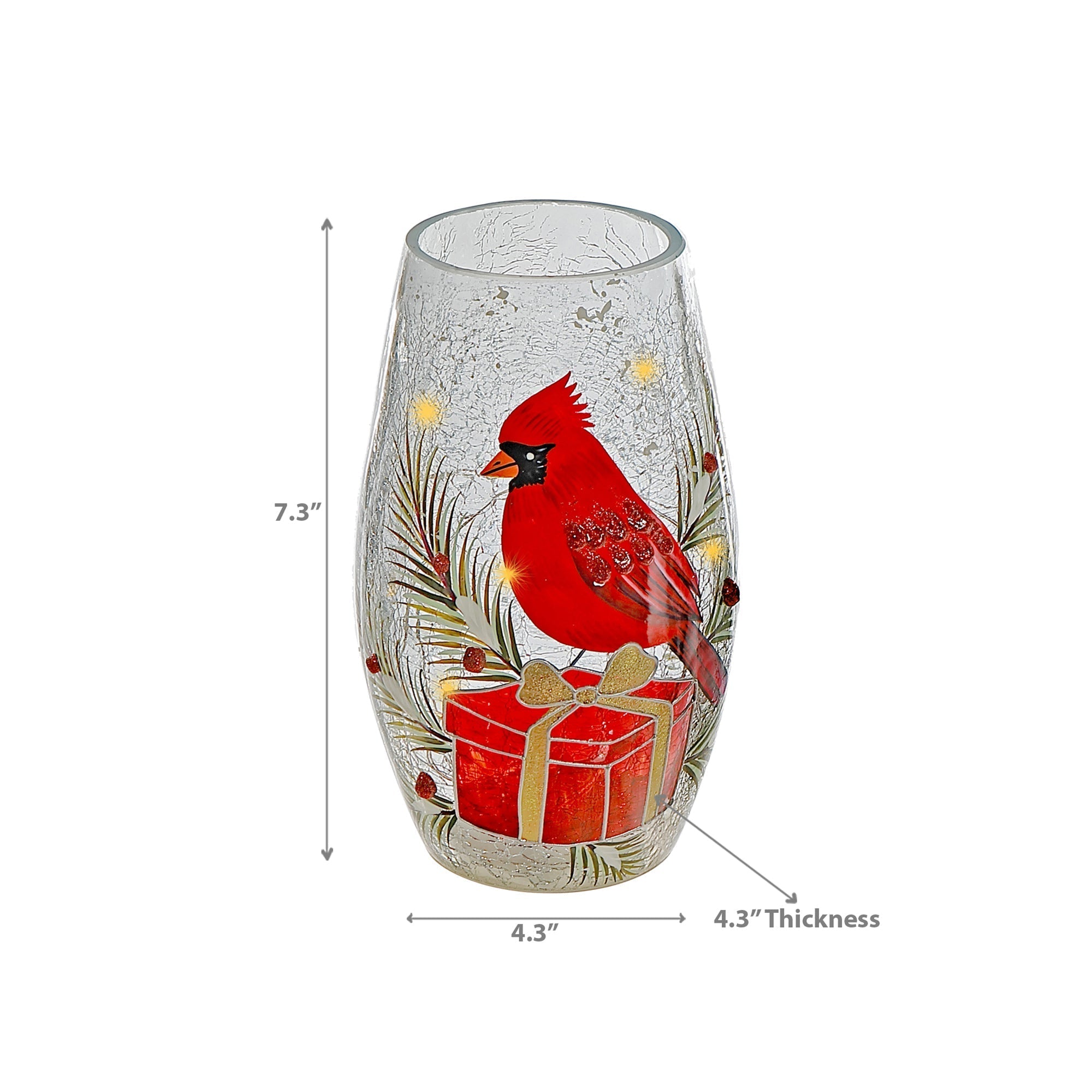 LED Crackled Oblong Glass Decor Cardinal on Giftbox – Christmas Tabletop Decoration, Holiday Accent, Illuminated Festive Decor