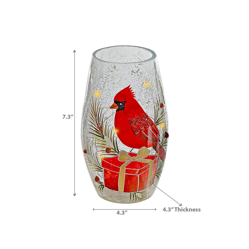 Led Crackled Oblong Glass Decor (Cardinal On Giftbox)
