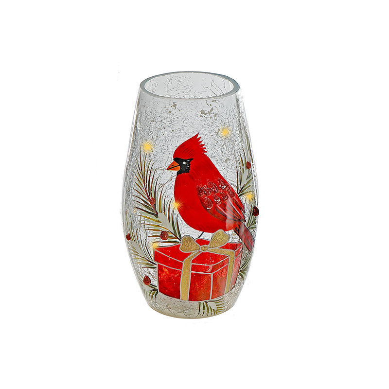 Led Crackled Oblong Glass Decor (Cardinal On Giftbox)
