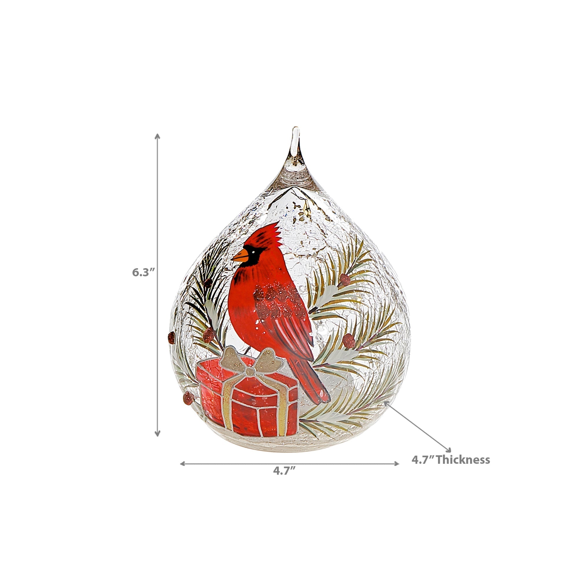 LED Crackled Glass Teardrop Decor Cardinal on Giftbox – Christmas Tabletop Decoration, Holiday Accent, Illuminated Festive Decor