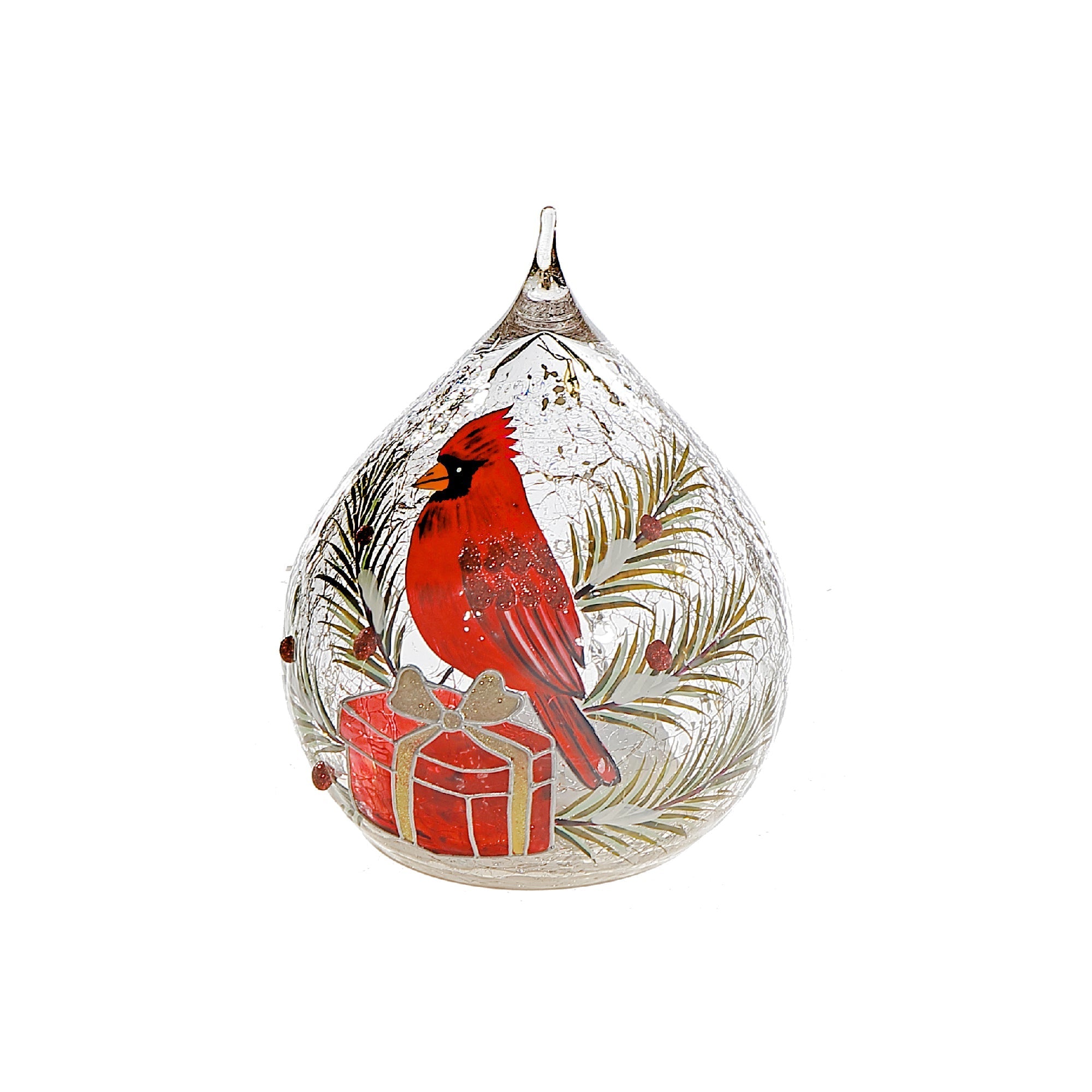 LED Crackled Glass Teardrop Decor Cardinal on Giftbox – Christmas Tabletop Decoration, Holiday Accent, Illuminated Festive Decor