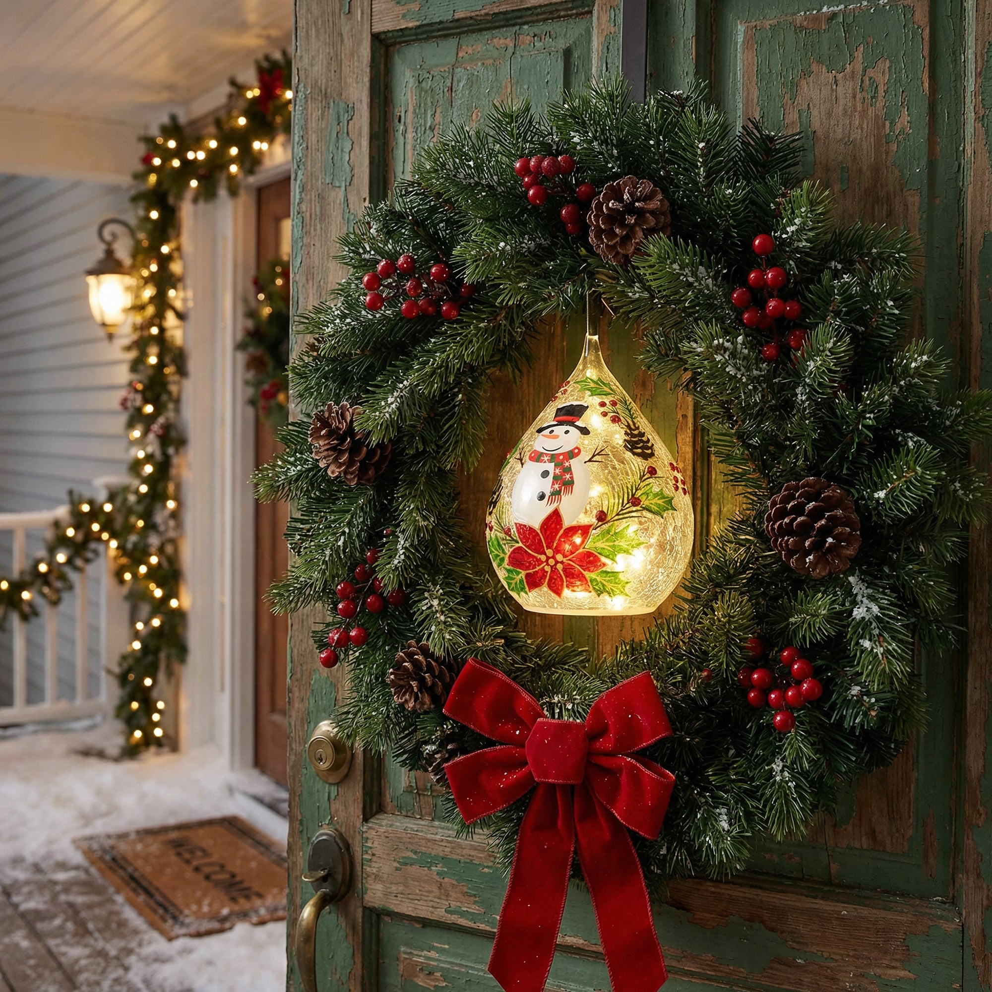 LED Crackled Glass Teardrop Decor Snowman on Wreath, Christmas, Wreath, Holiday Decor
