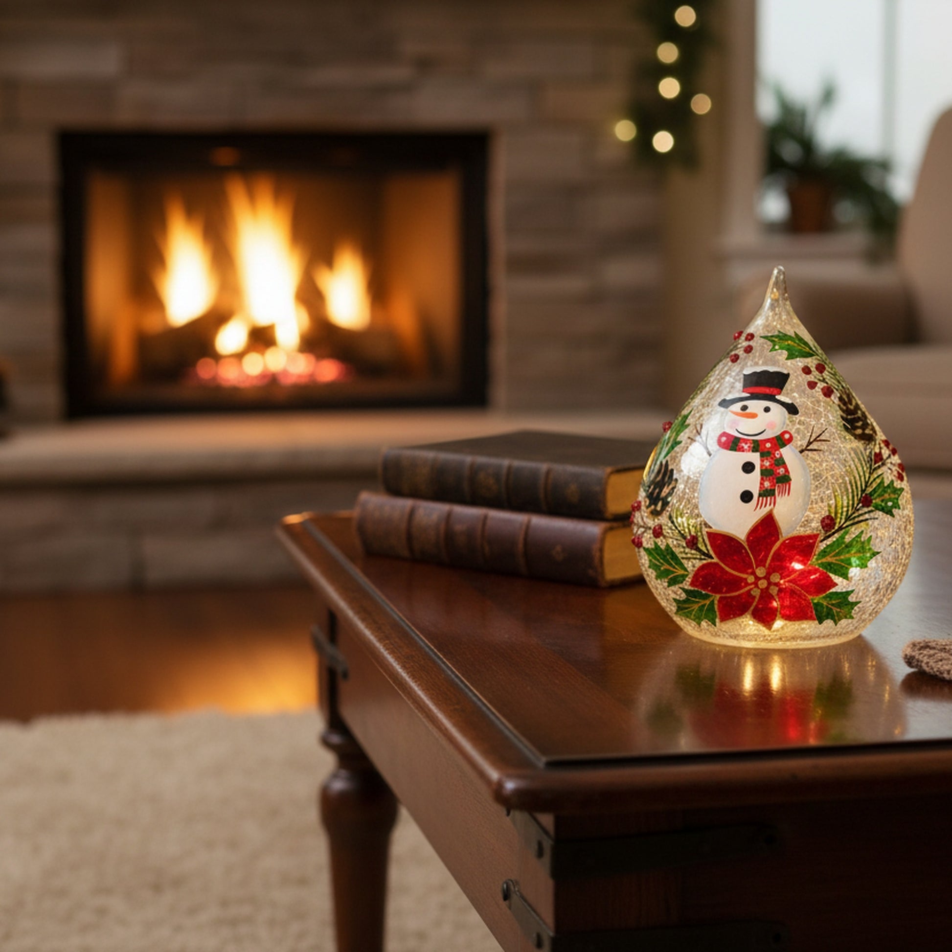 LED Crackled Glass Teardrop Decor Snowman on Wreath, Christmas, Wreath, Holiday Decor