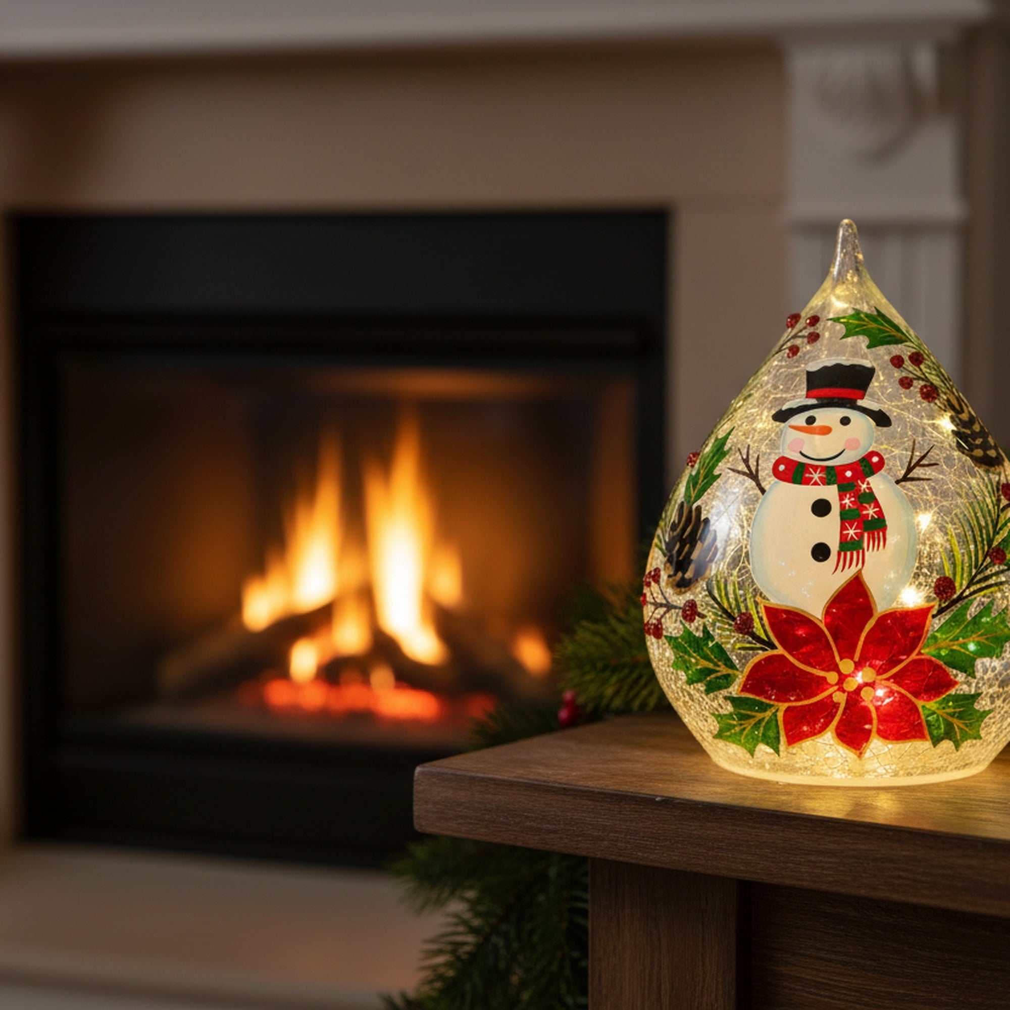 LED Crackled Glass Teardrop Decor Snowman on Wreath, Christmas, Wreath, Holiday Decor