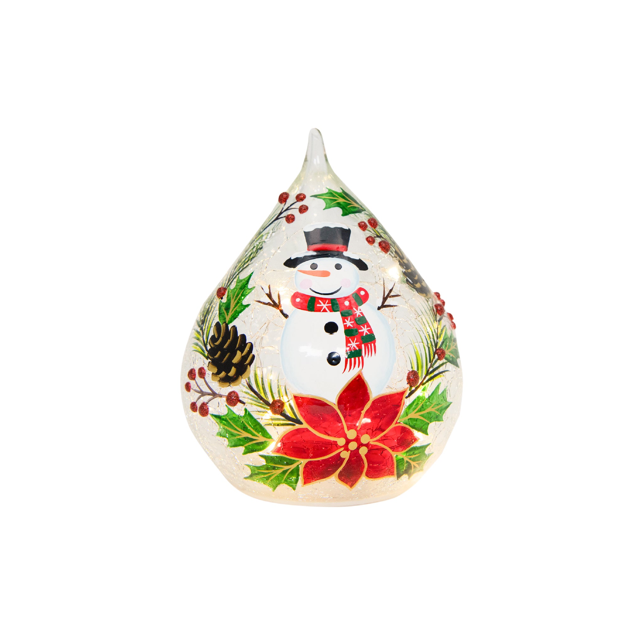 LED Crackled Glass Teardrop Decor Snowman on Wreath, Christmas, Wreath, Holiday Decor