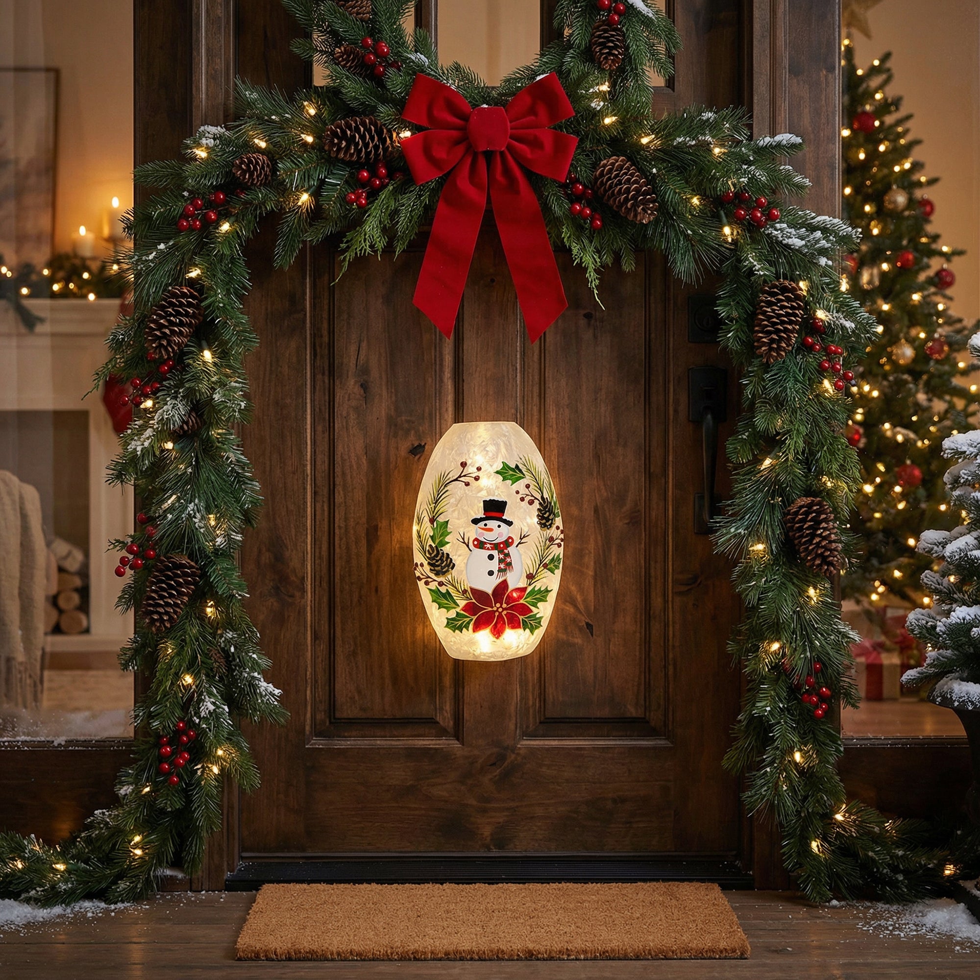 LED Frosted Oblong Glass Decor Snowman on Wreath, Christmas, Wreath, Holiday Decor