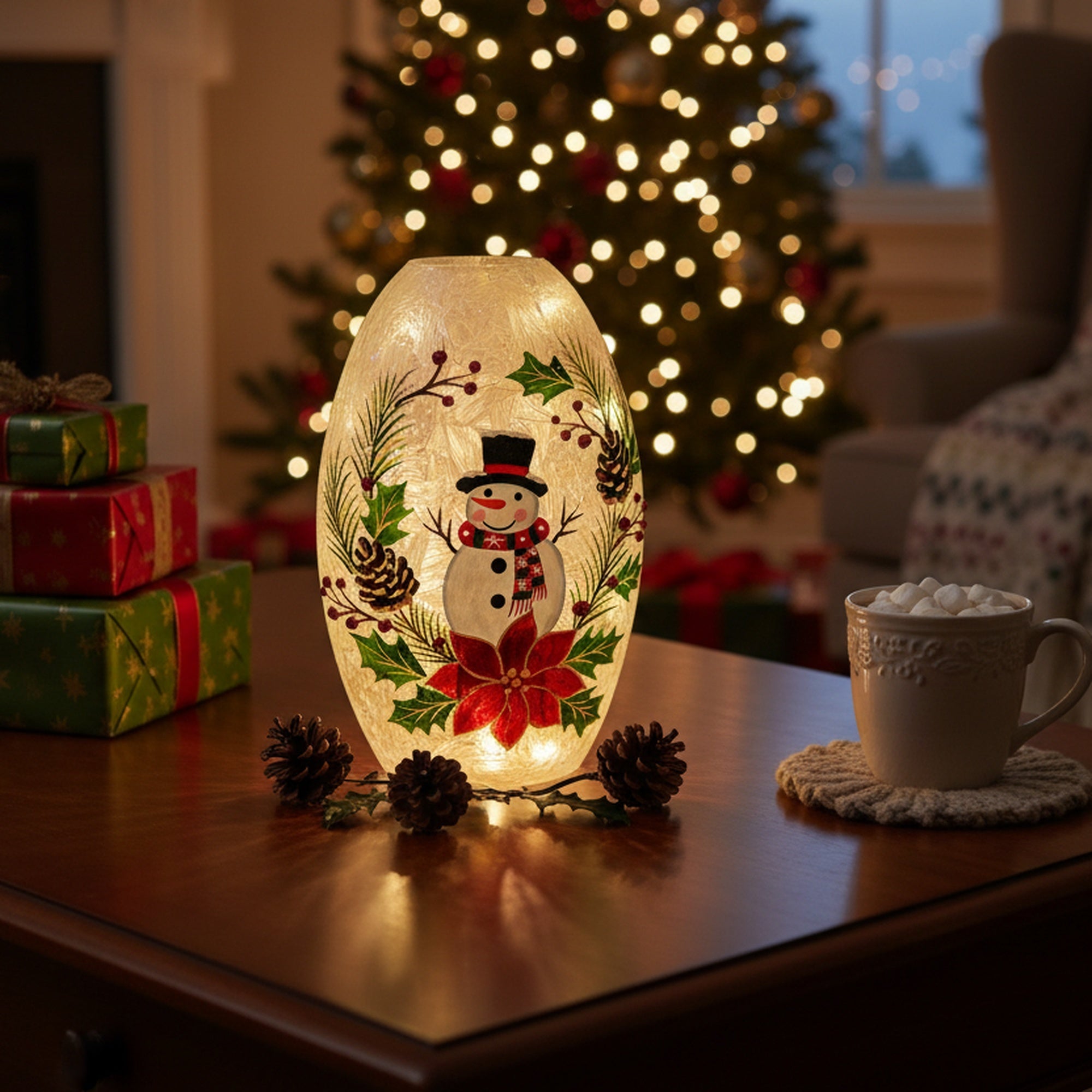 LED Frosted Oblong Glass Decor Snowman on Wreath, Christmas, Wreath, Holiday Decor