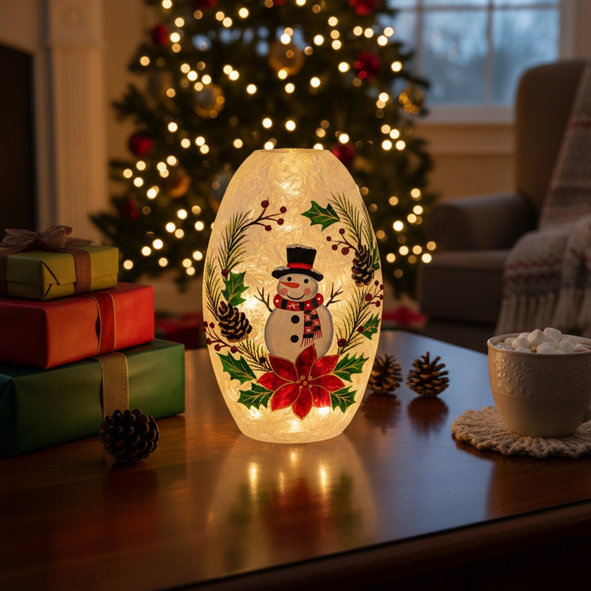 LED Frosted Oblong Glass Decor Snowman on Wreath, Christmas, Wreath, Holiday Decor
