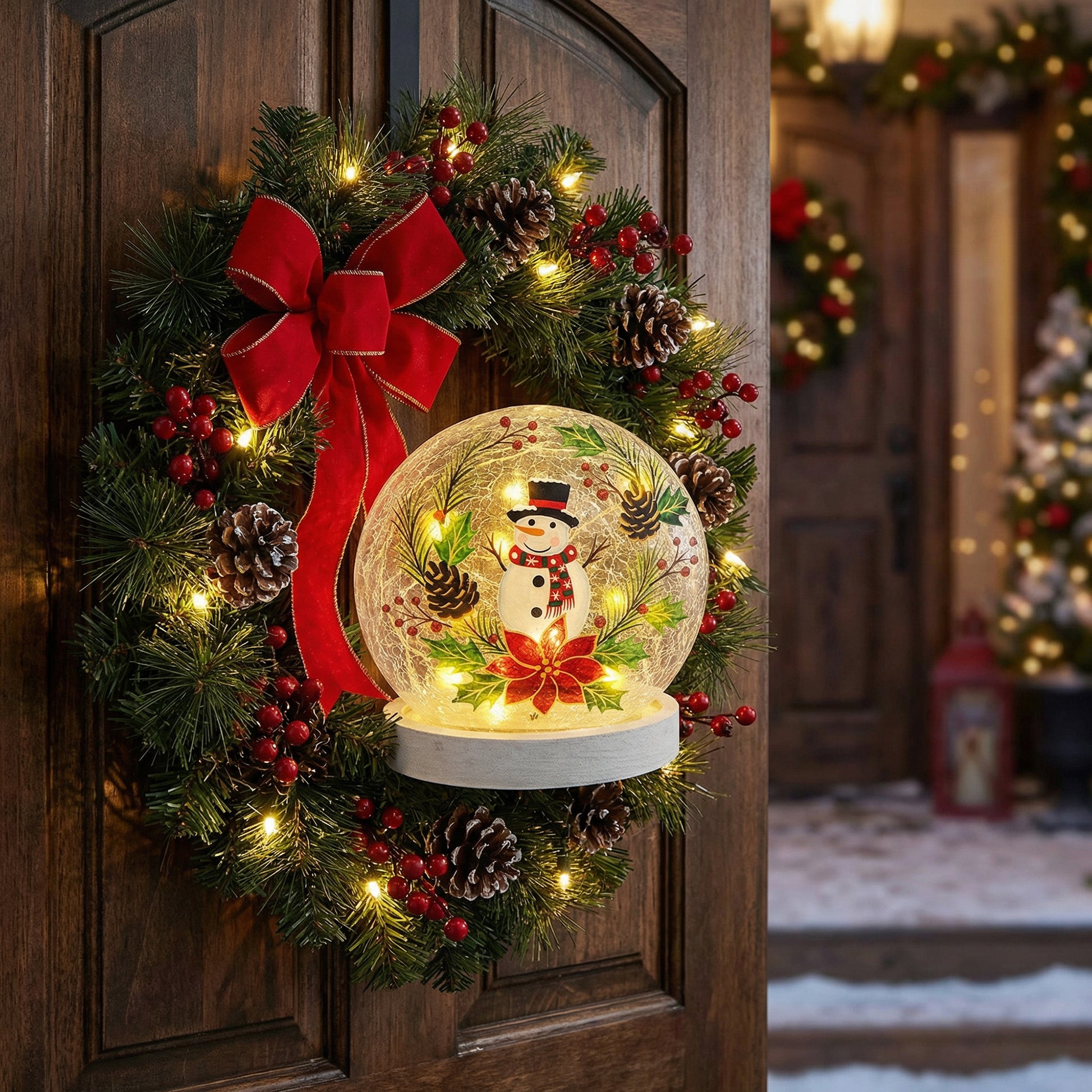 LED Round Crackled Glass on Base Snowman on Wreath, Christmas, Wreath, Holiday Decor