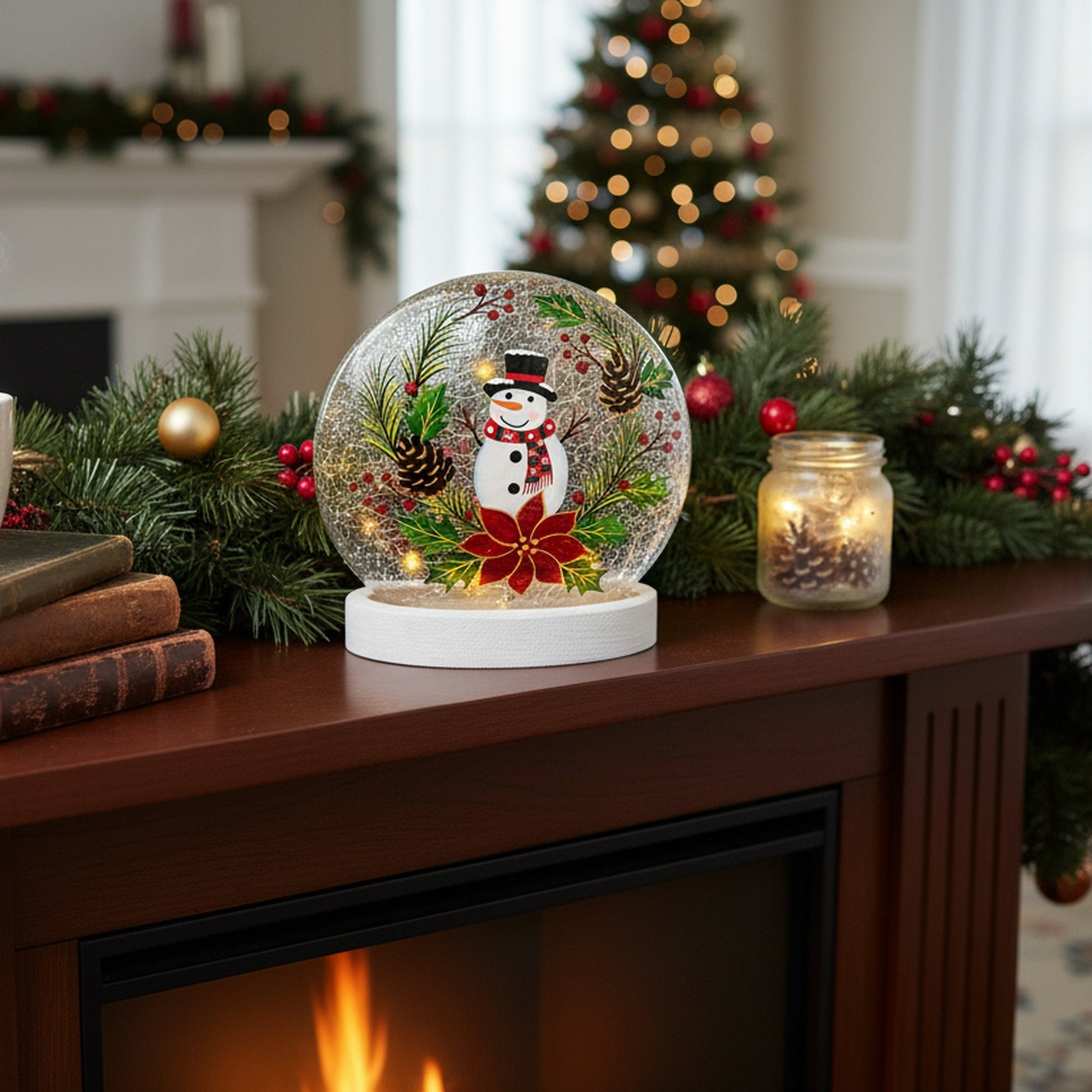 LED Round Crackled Glass on Base Snowman on Wreath, Christmas, Wreath, Holiday Decor