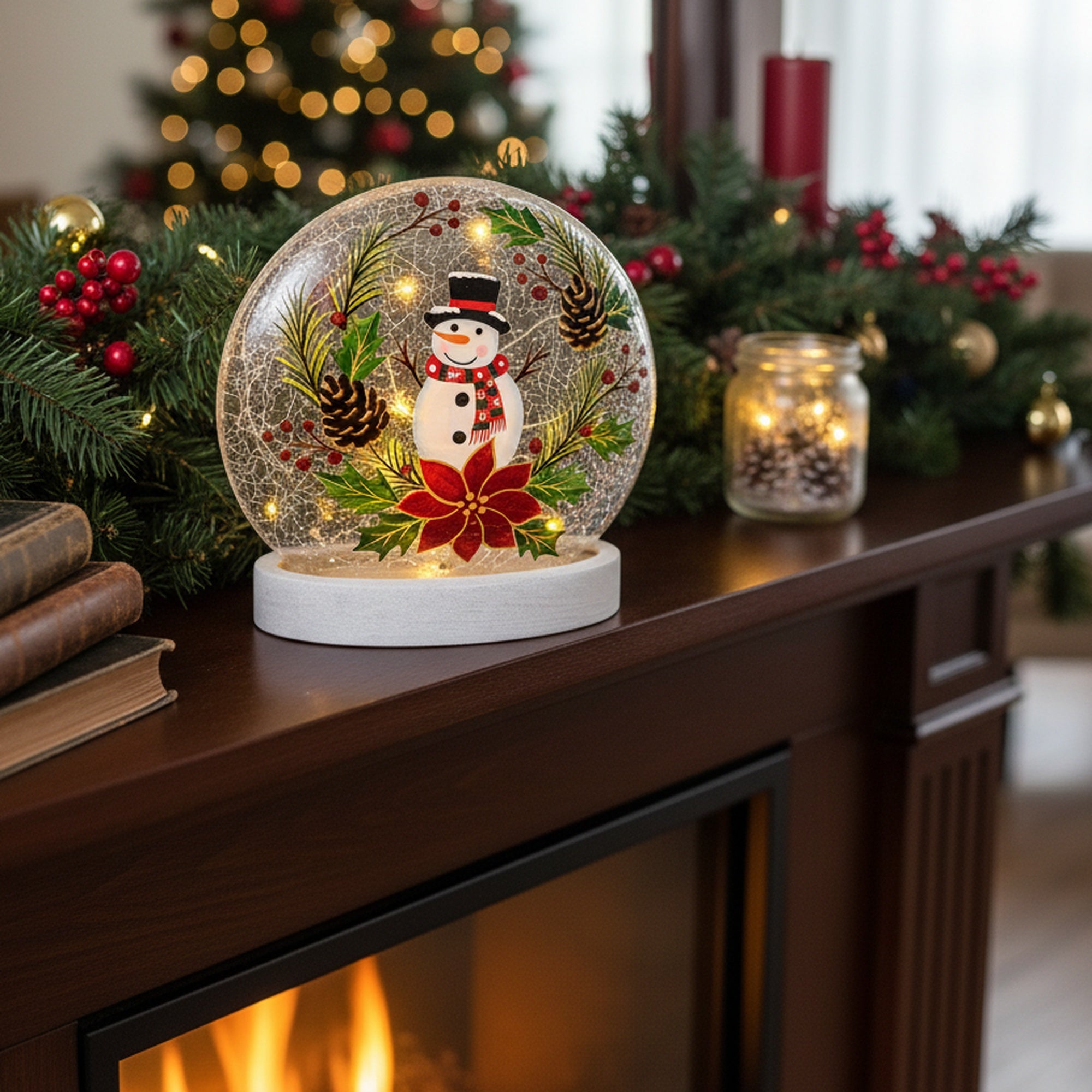LED Round Crackled Glass on Base Snowman on Wreath, Christmas, Wreath, Holiday Decor