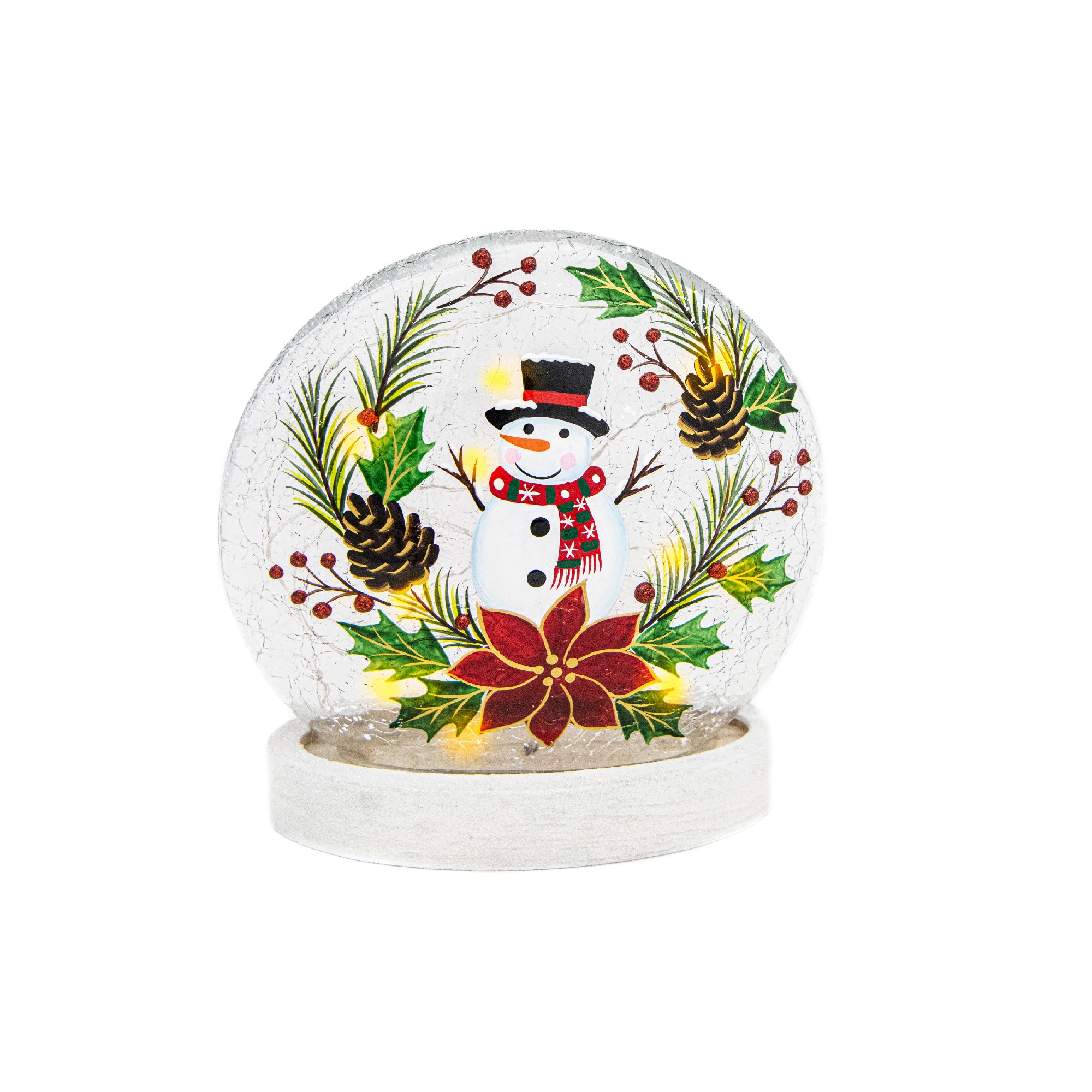 LED Round Crackled Glass on Base Snowman on Wreath, Christmas, Wreath, Holiday Decor