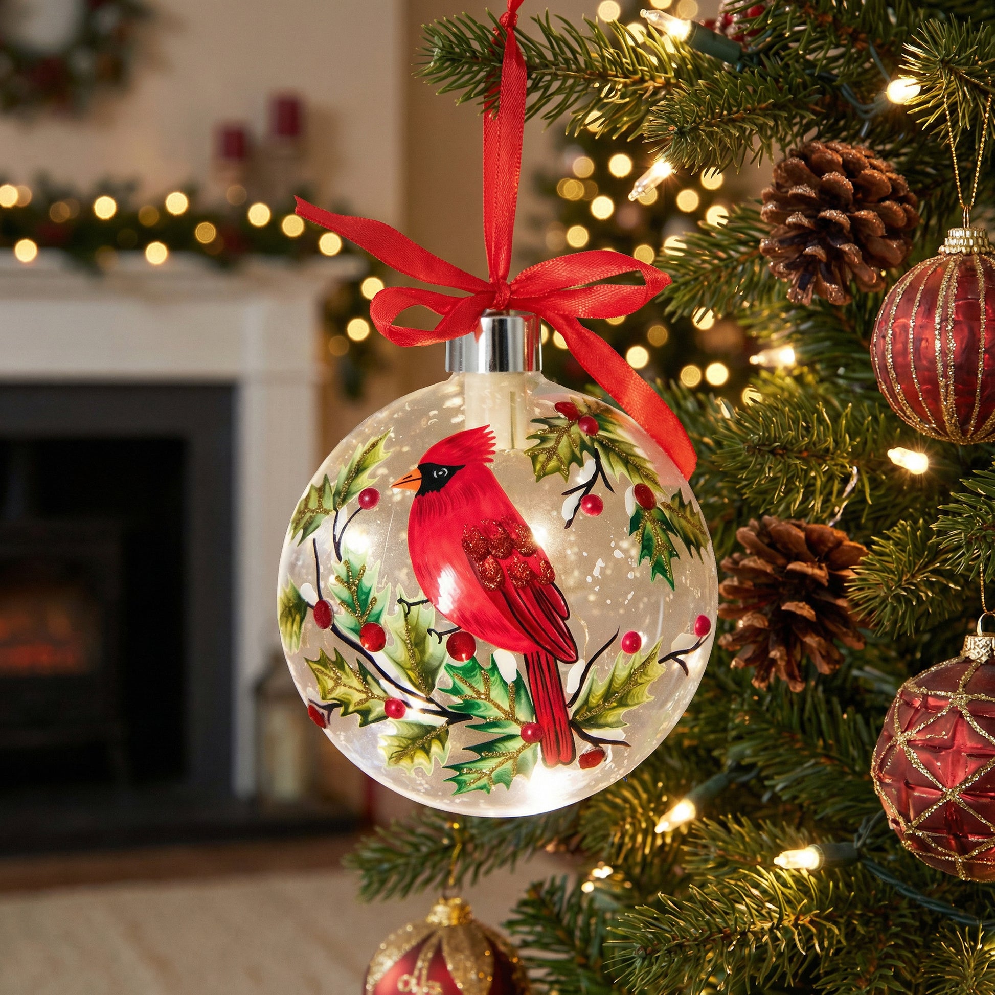 LED Glass Ball Ornament Cardinal and Berries, Christmas, Ornament, Holiday Decor