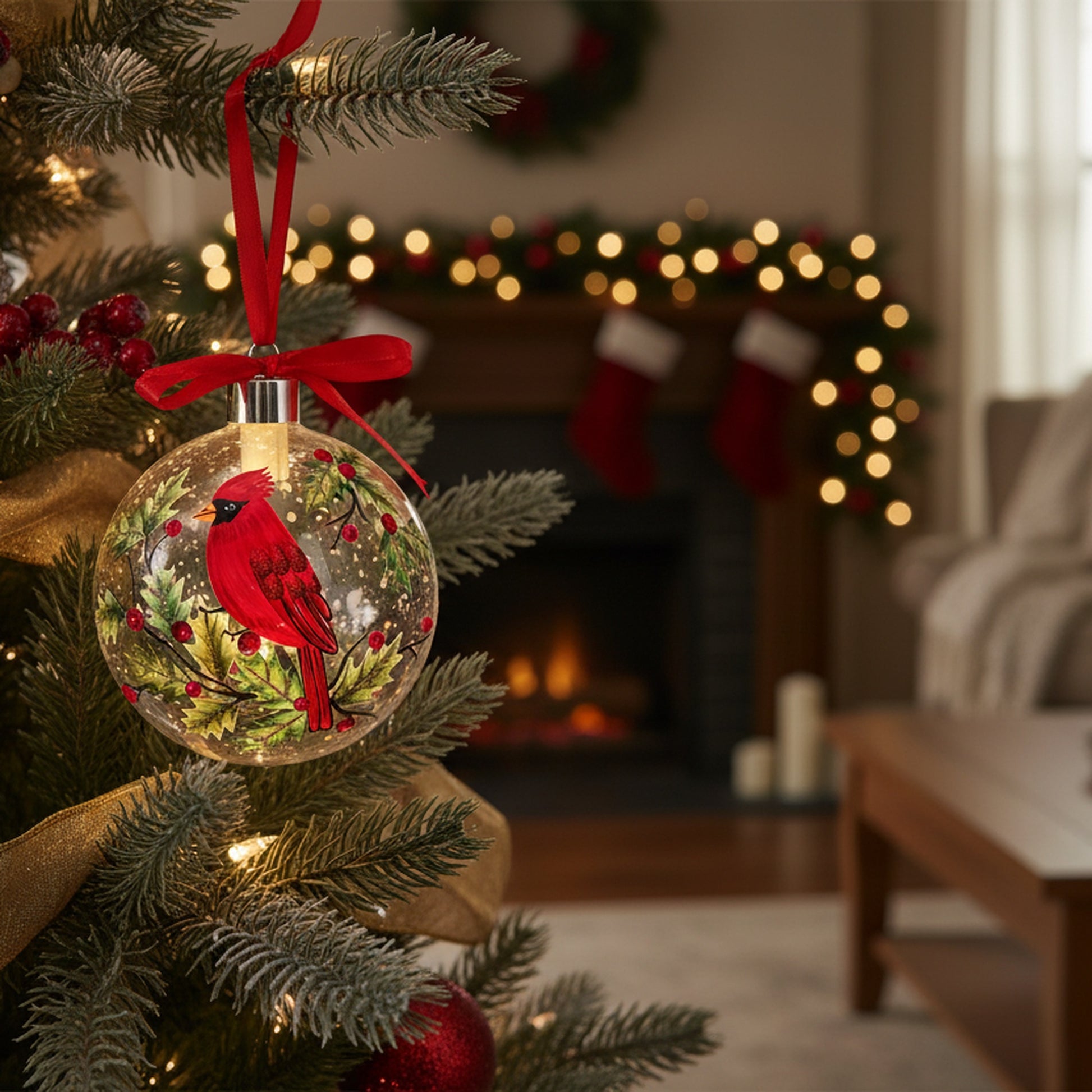 LED Glass Ball Ornament Cardinal and Berries, Christmas, Ornament, Holiday Decor