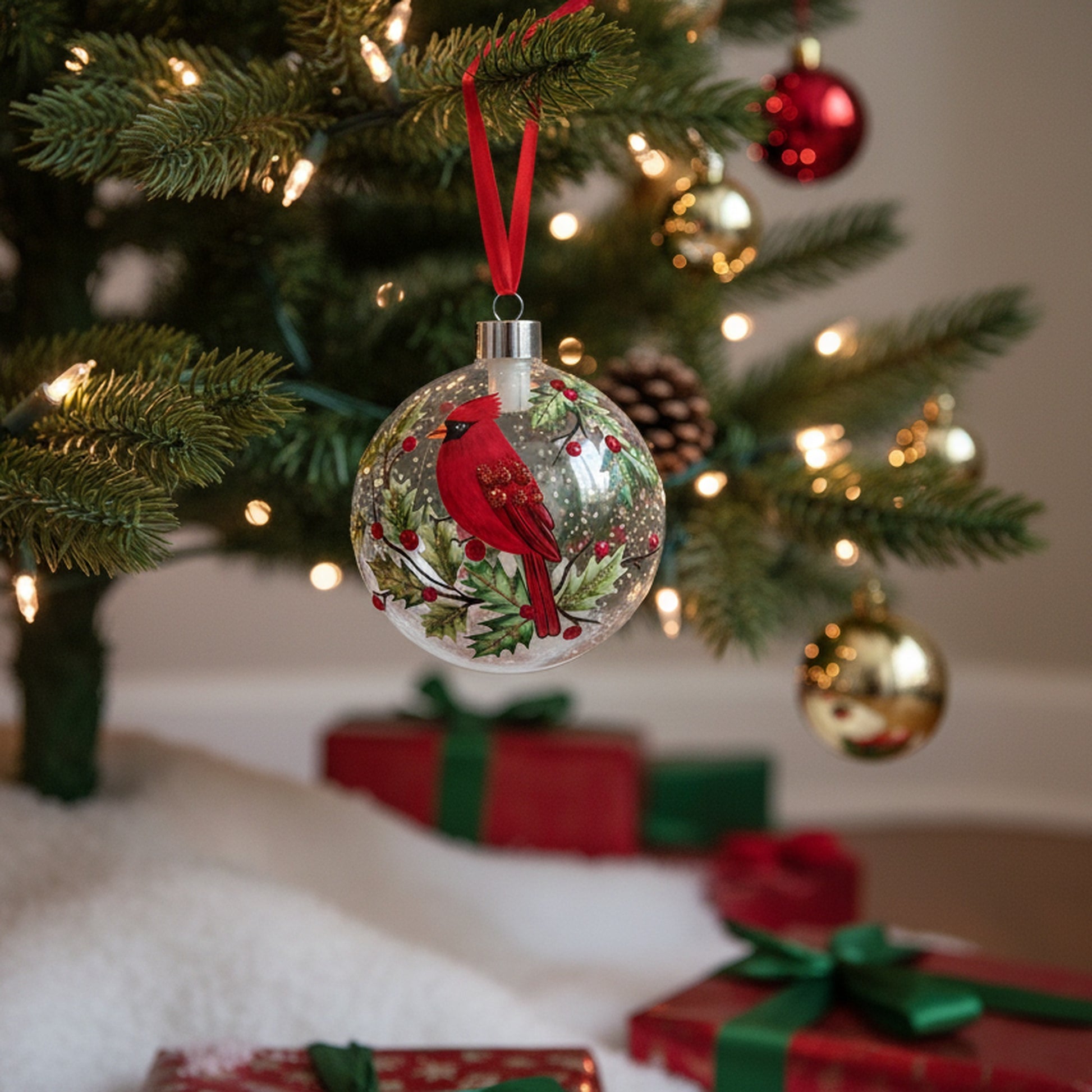 LED Glass Ball Ornament Cardinal and Berries, Christmas, Ornament, Holiday Decor