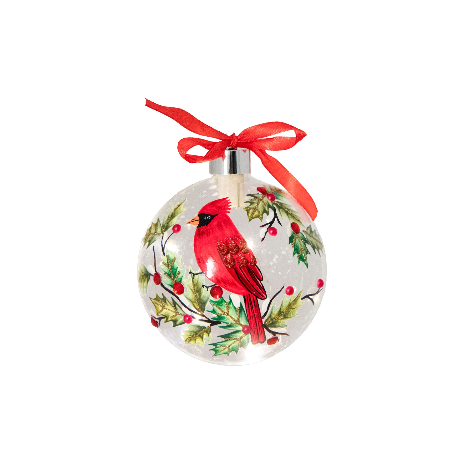 LED Glass Ball Ornament Cardinal and Berries, Christmas, Ornament, Holiday Decor