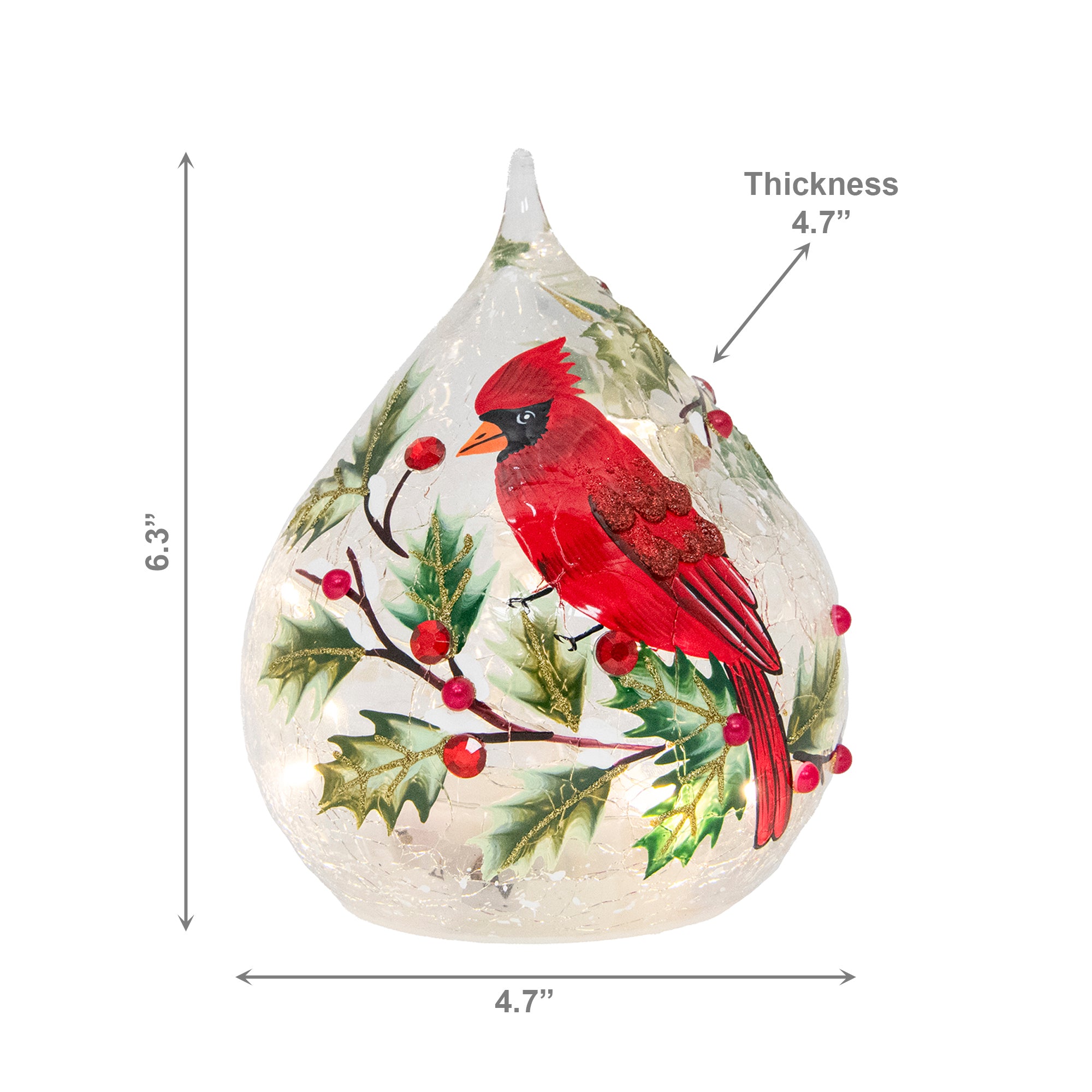 LED Crackled Glass Teardrop Decor Cardinal and Berries, Christmas, Garland, Holiday Decor
