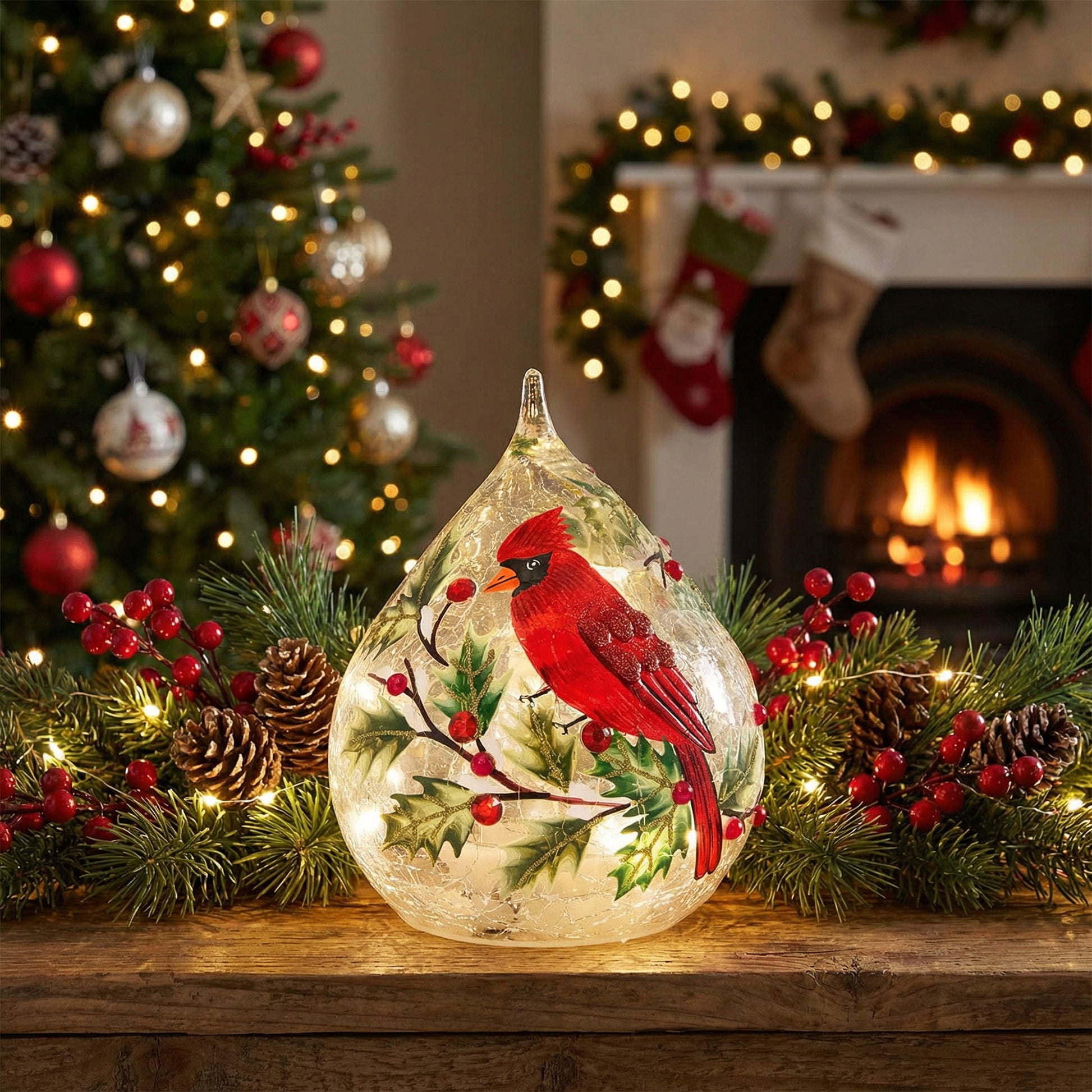 LED Crackled Glass Teardrop Decor Cardinal and Berries, Christmas, Garland, Holiday Decor