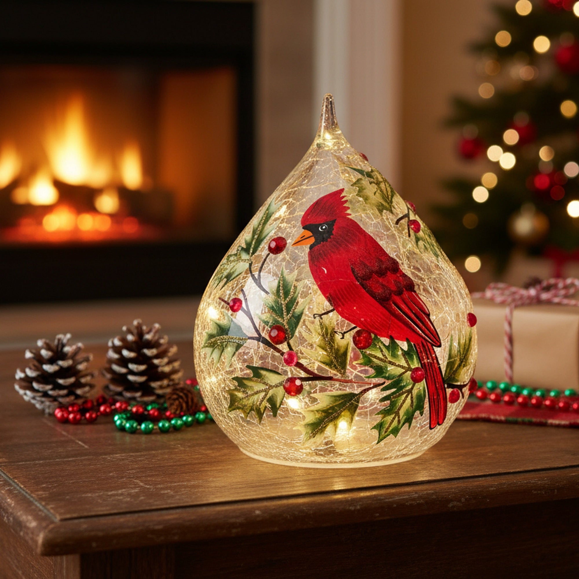 LED Crackled Glass Teardrop Decor Cardinal and Berries, Christmas, Garland, Holiday Decor