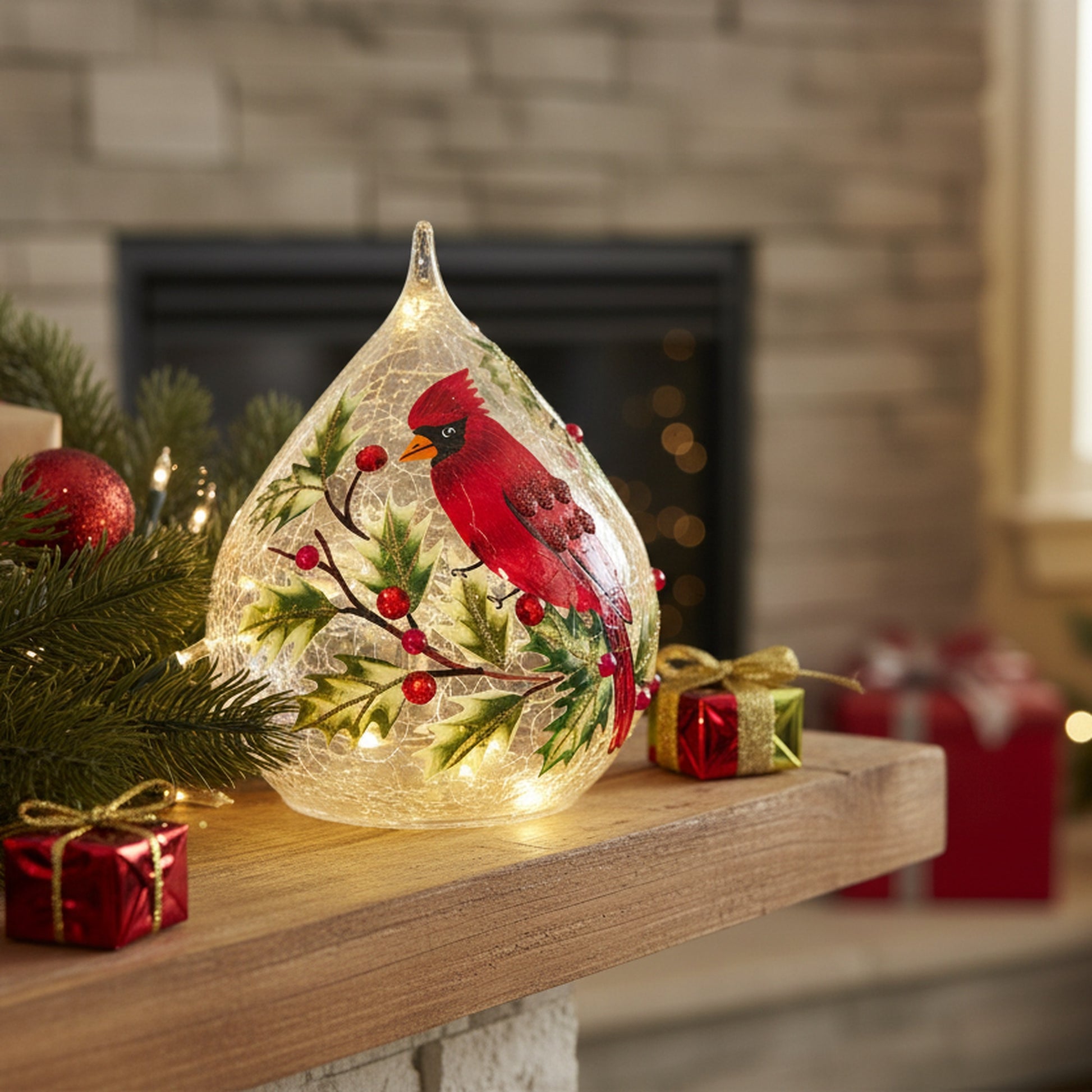 LED Crackled Glass Teardrop Decor Cardinal and Berries, Christmas, Garland, Holiday Decor