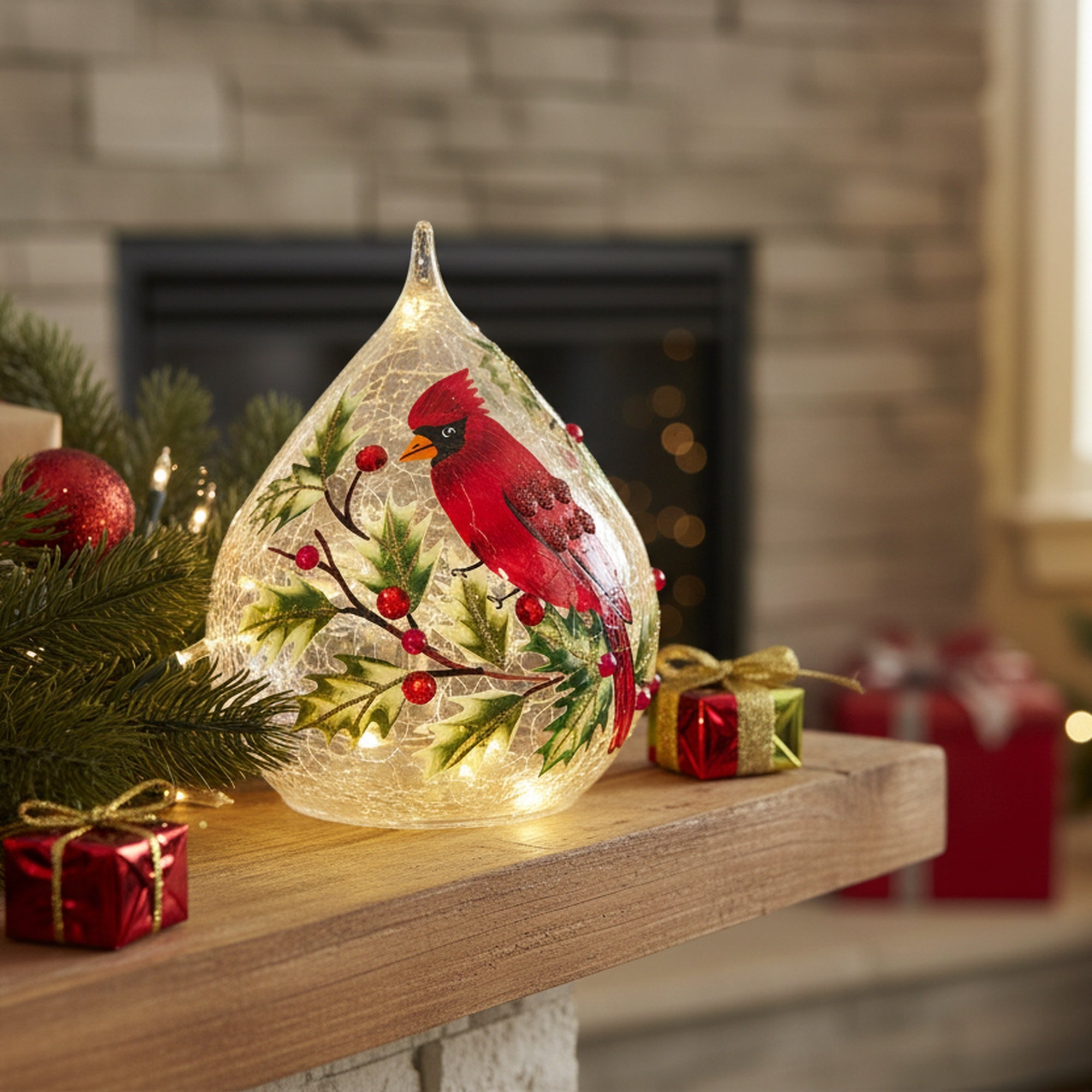 LED Crackled Glass Teardrop Decor Cardinal and Berries, Christmas, Garland, Holiday Decor