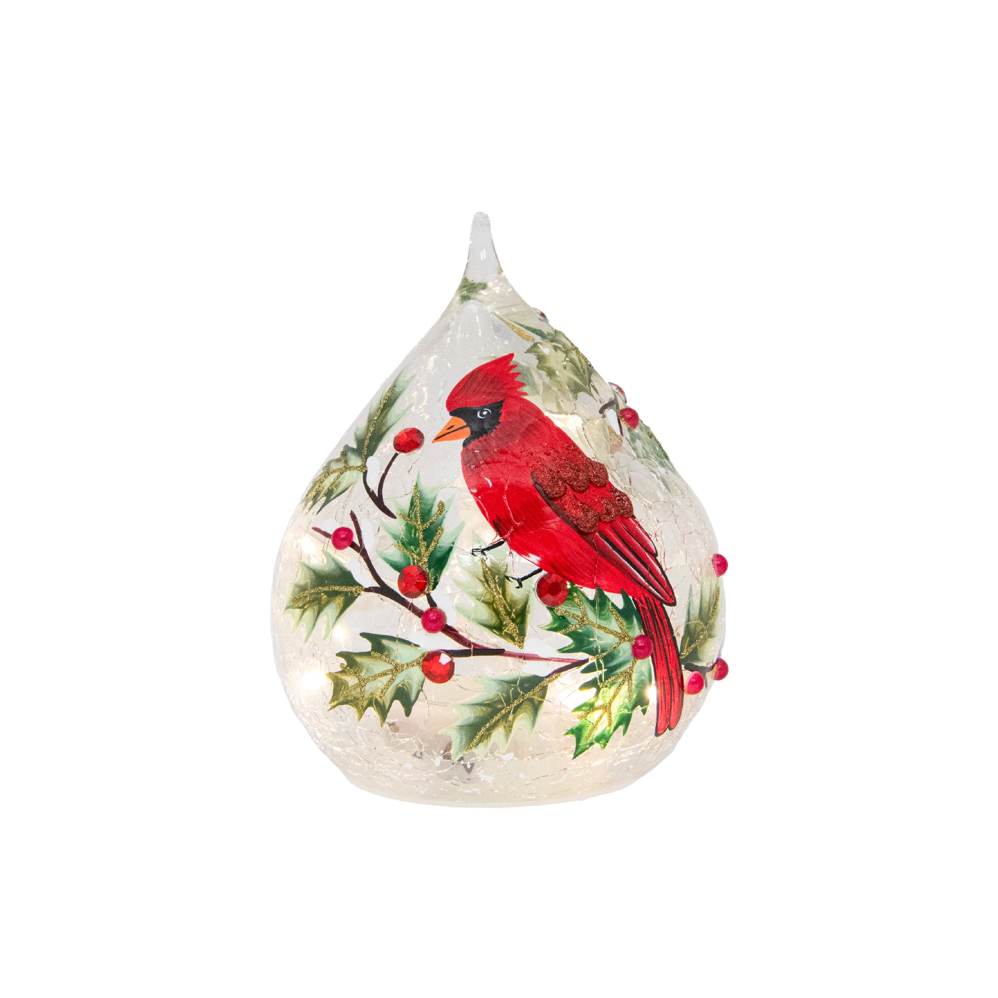 LED Crackled Glass Teardrop Decor Cardinal and Berries, Christmas, Garland, Holiday Decor