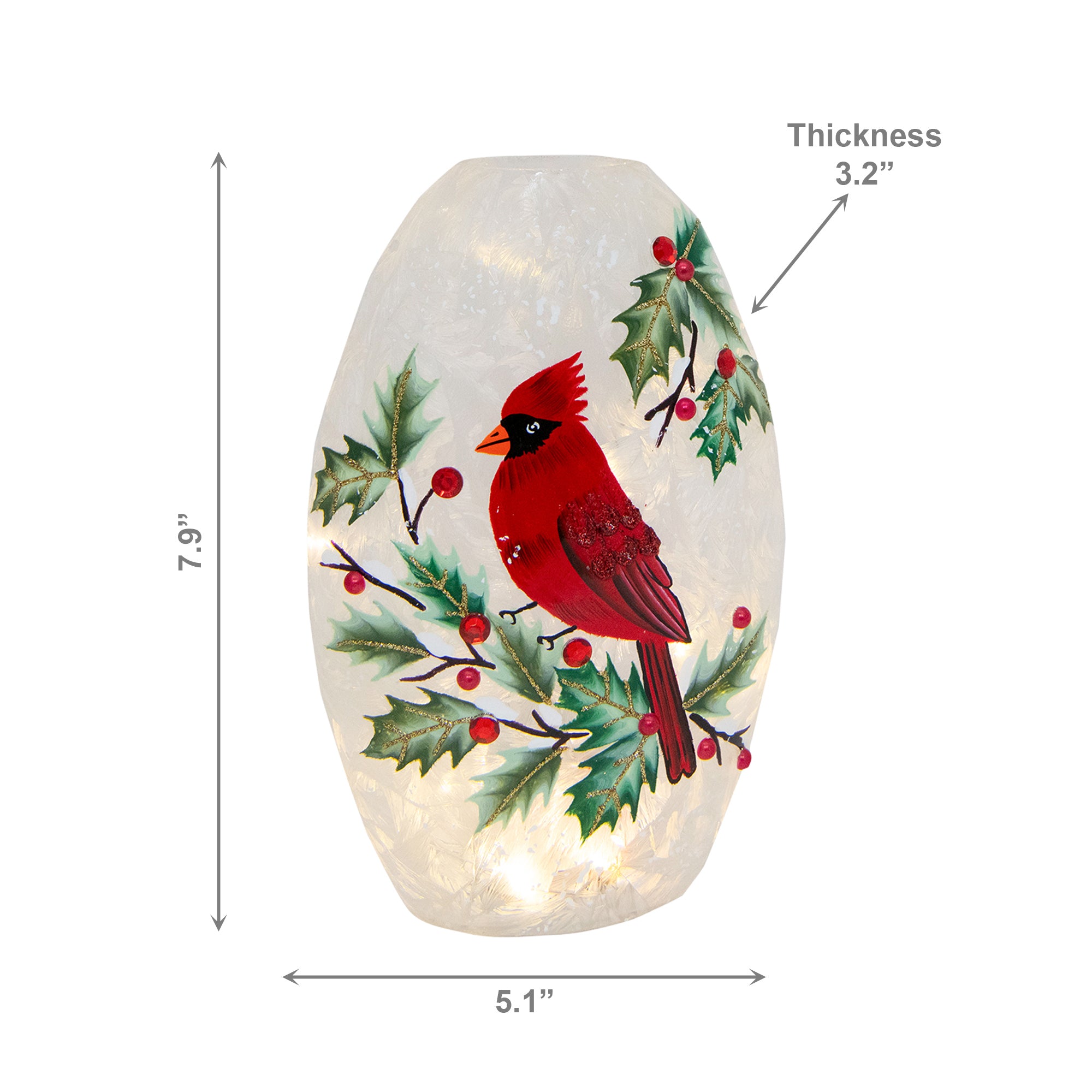LED Frosted Oblong Glass Decor Cardinal and Berries, Christmas, Holiday Decor
