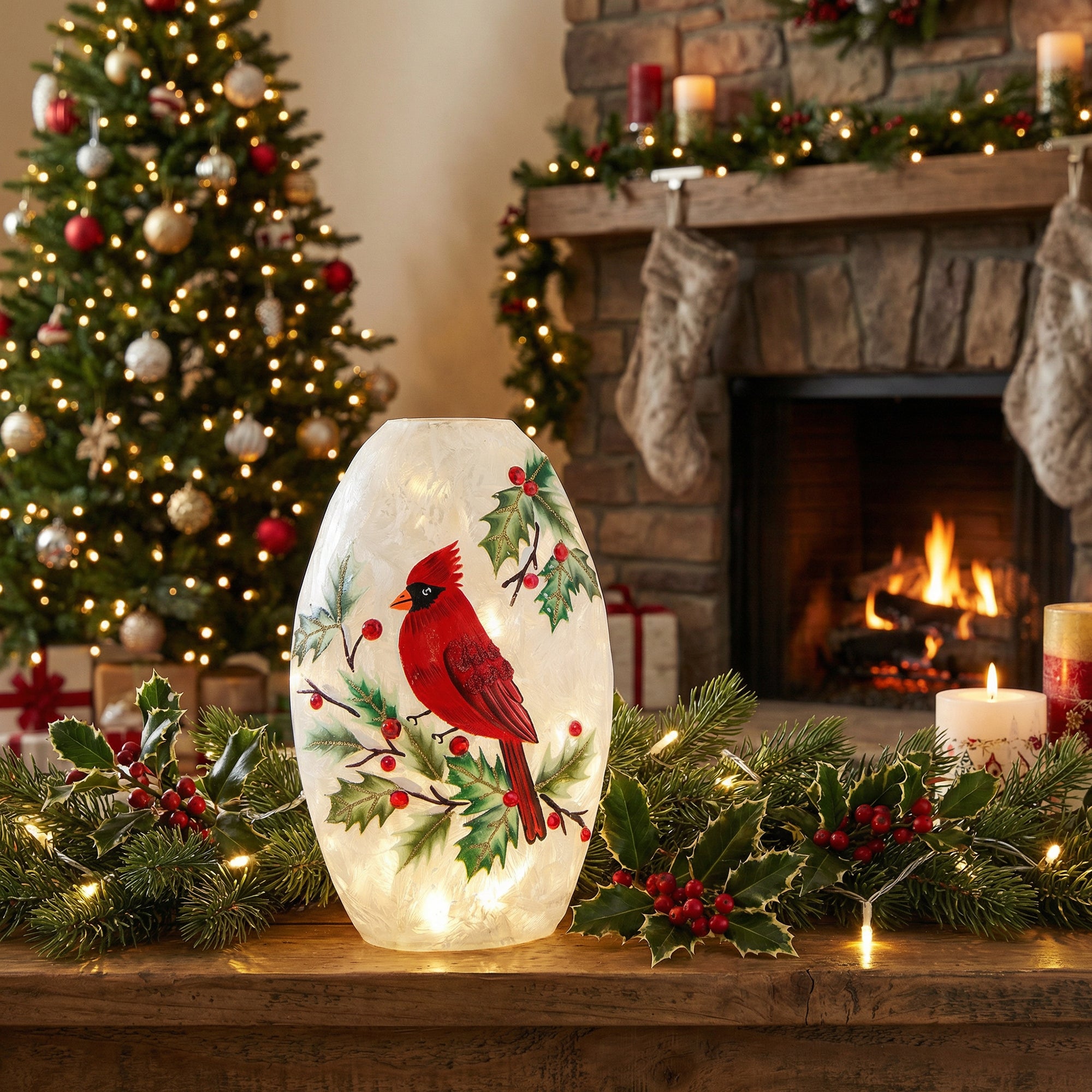 LED Frosted Oblong Glass Decor Cardinal and Berries, Christmas, Holiday Decor