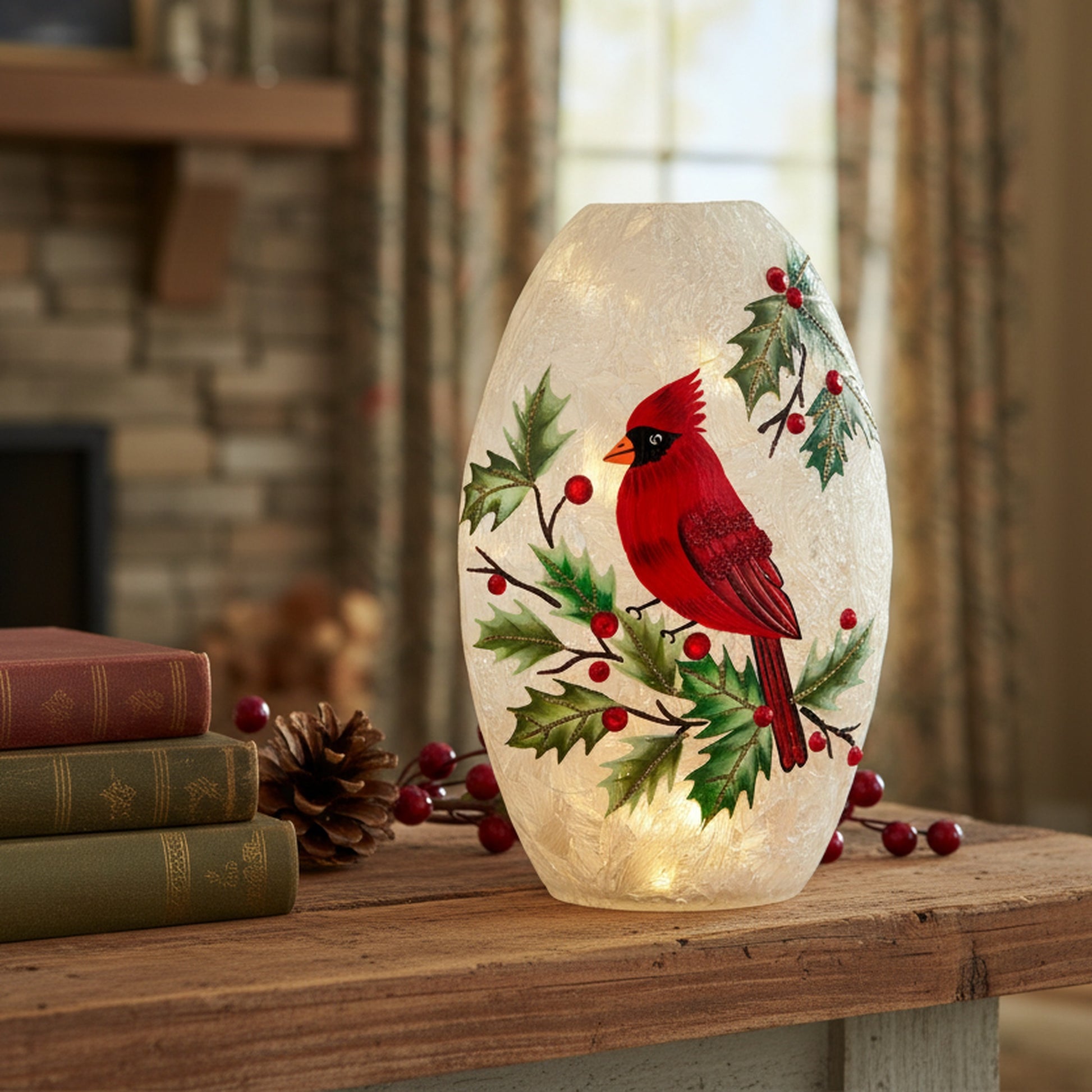 LED Frosted Oblong Glass Decor Cardinal and Berries, Christmas, Holiday Decor