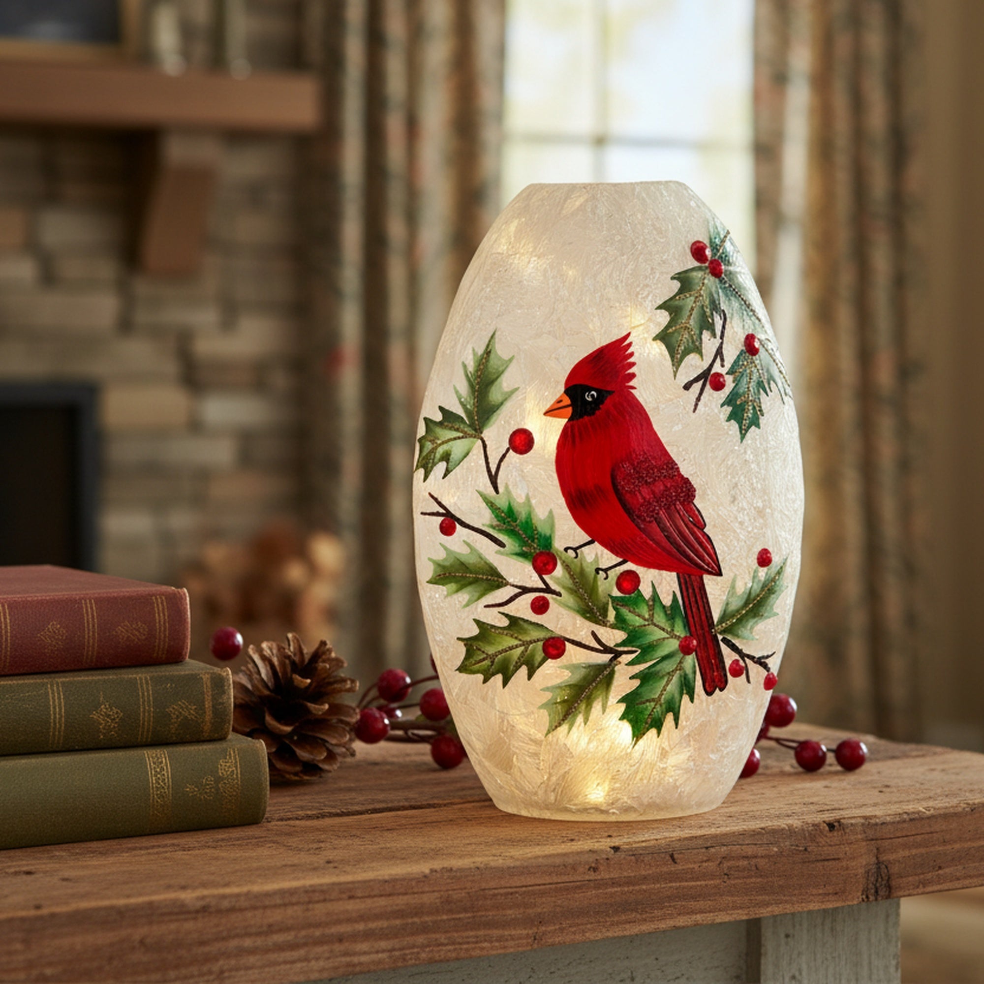 LED Frosted Oblong Glass Decor Cardinal and Berries, Christmas, Holiday Decor