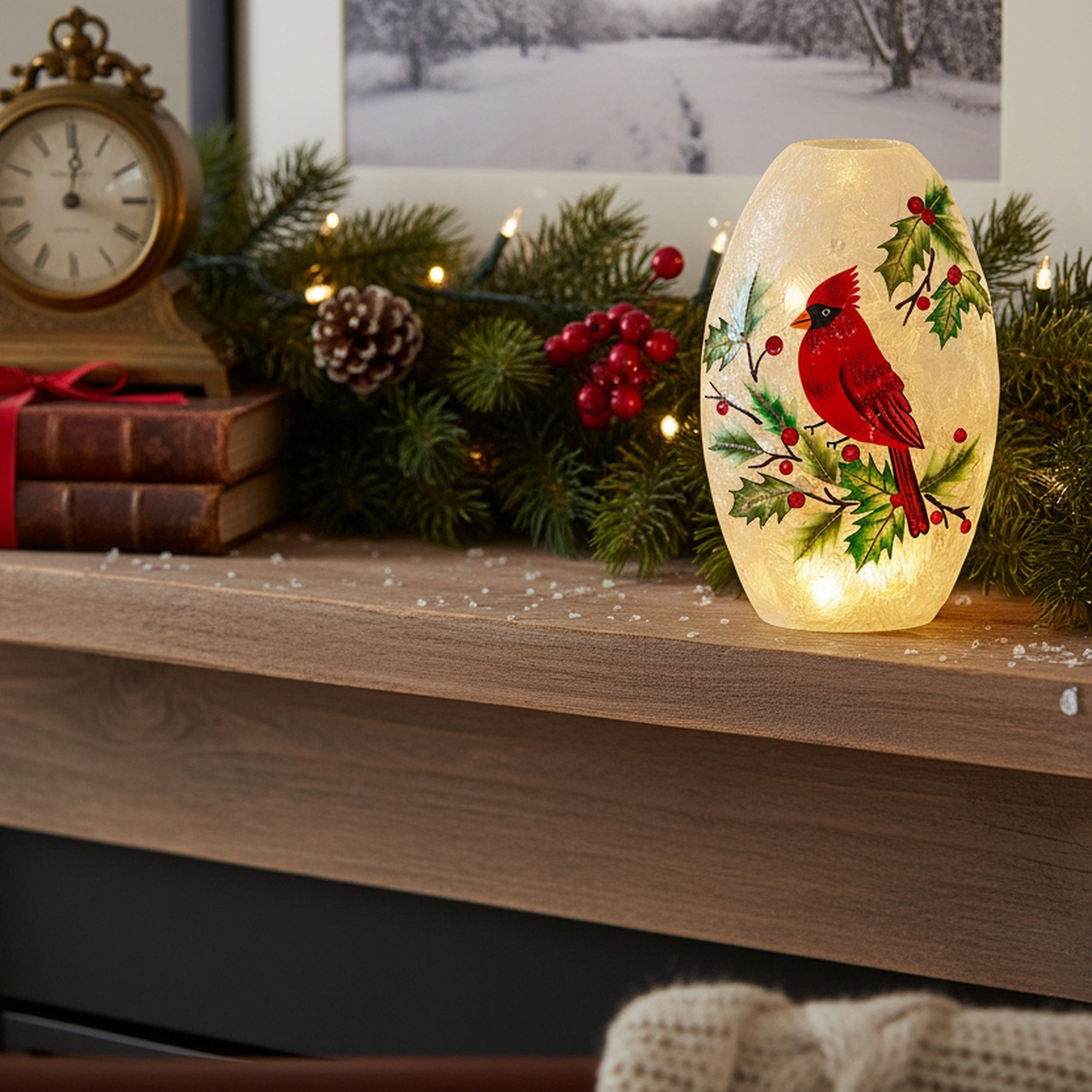 LED Frosted Oblong Glass Decor Cardinal and Berries, Christmas, Holiday Decor