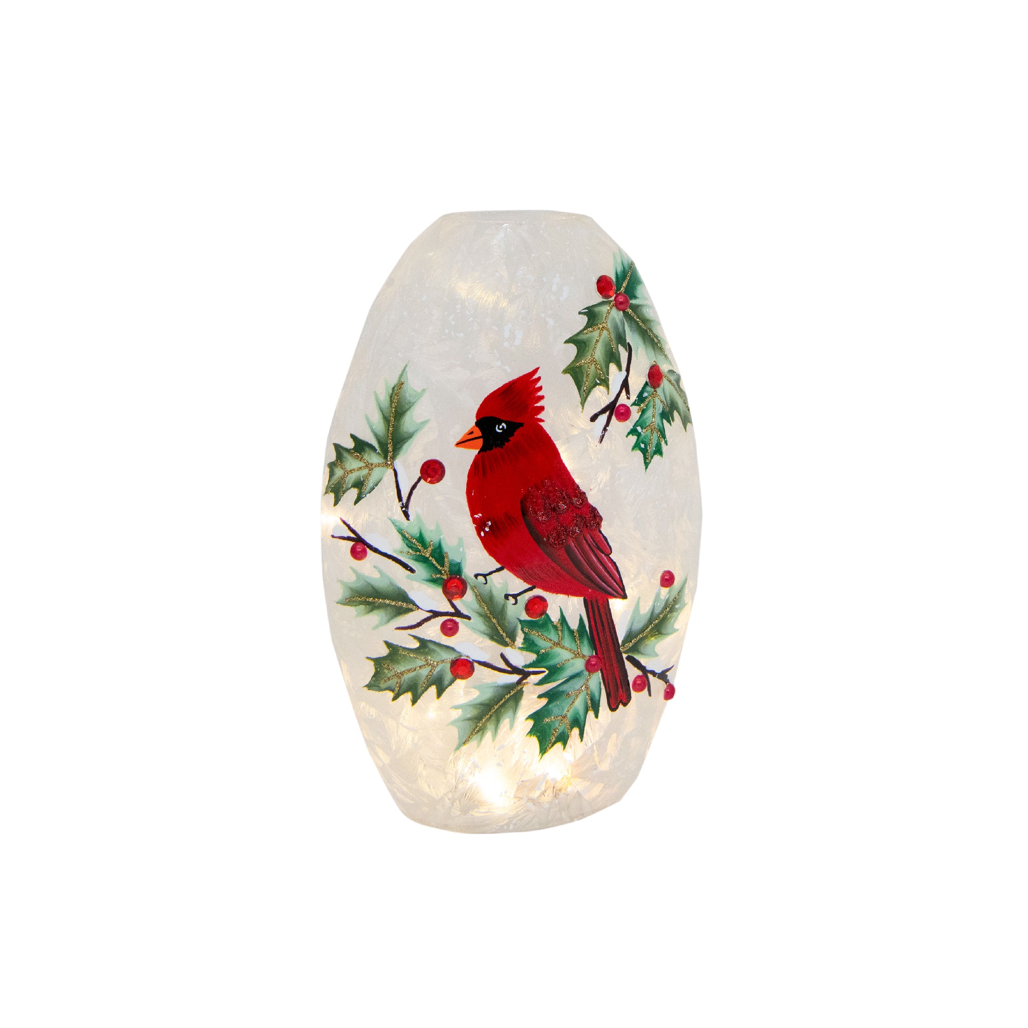 LED Frosted Oblong Glass Decor Cardinal and Berries, Christmas, Holiday Decor