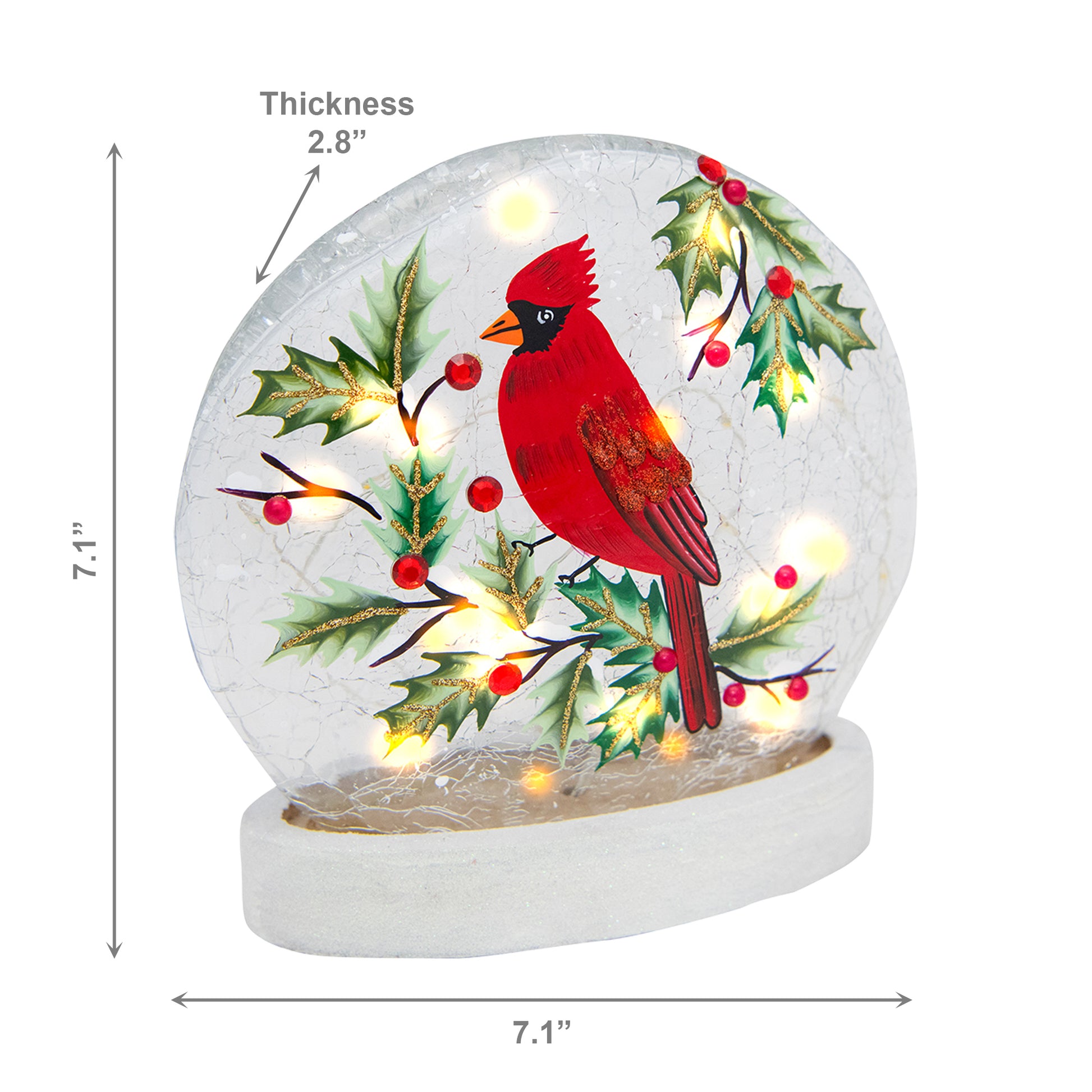 LED Round Crackled Glass on Base Cardinal and Berries, Christmas, Holiday Decor