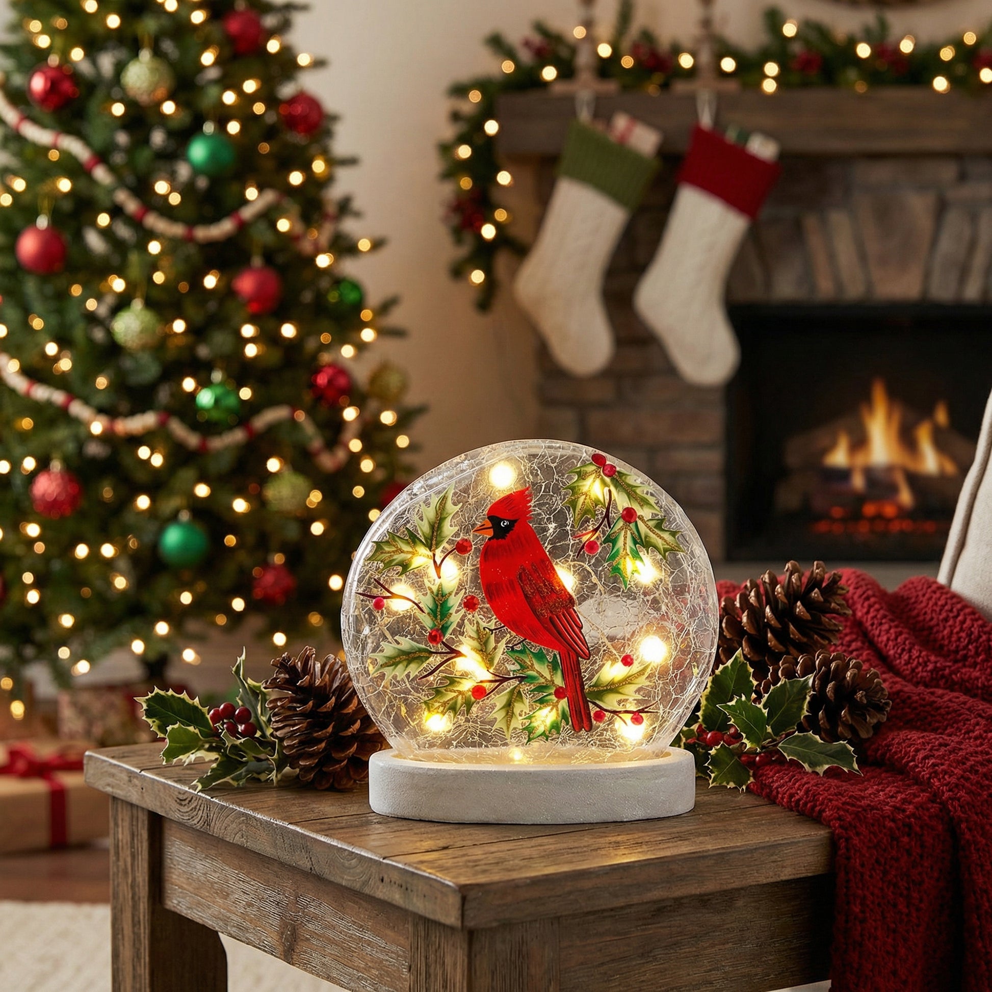 LED Round Crackled Glass on Base Cardinal and Berries, Christmas, Holiday Decor