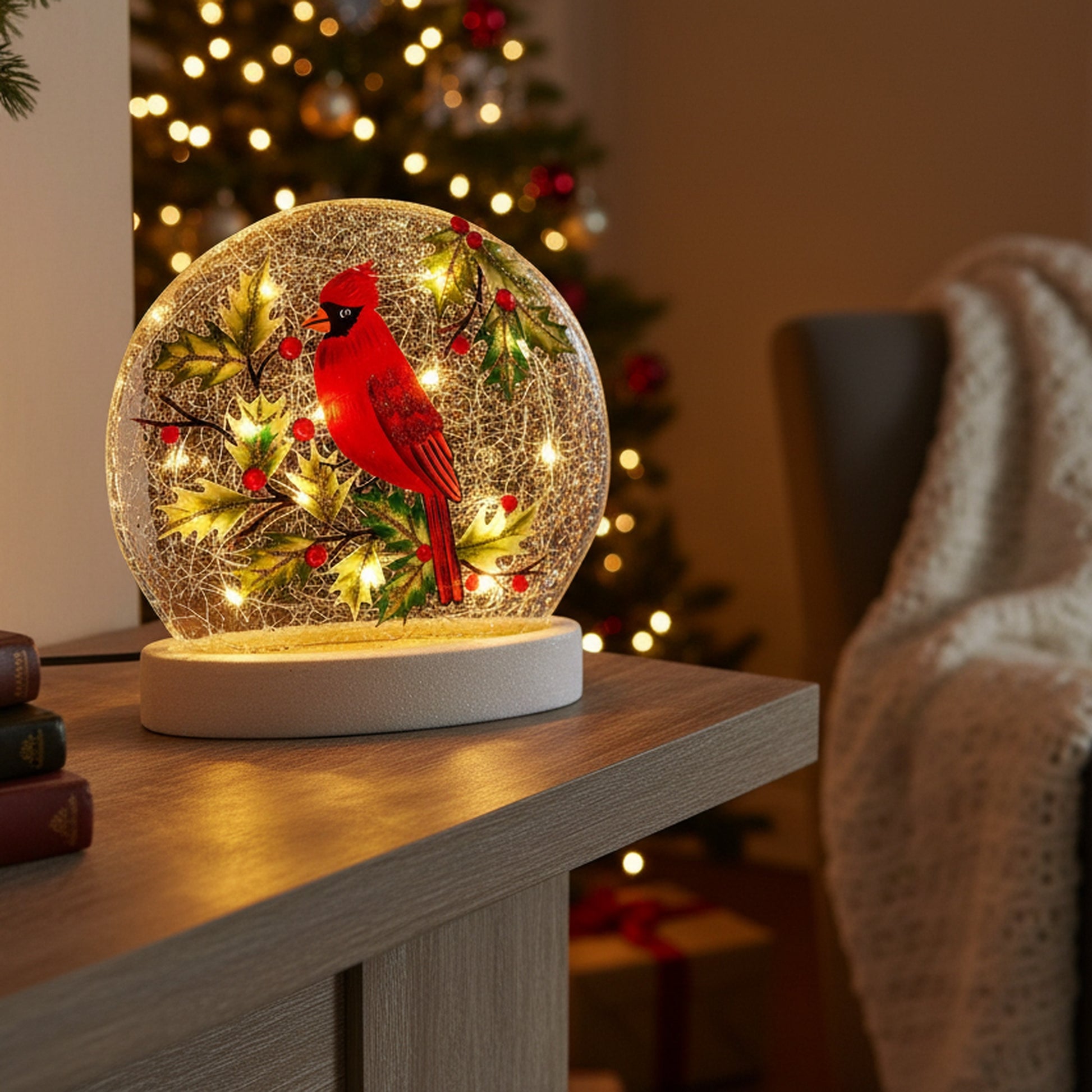LED Round Crackled Glass on Base Cardinal and Berries, Christmas, Holiday Decor